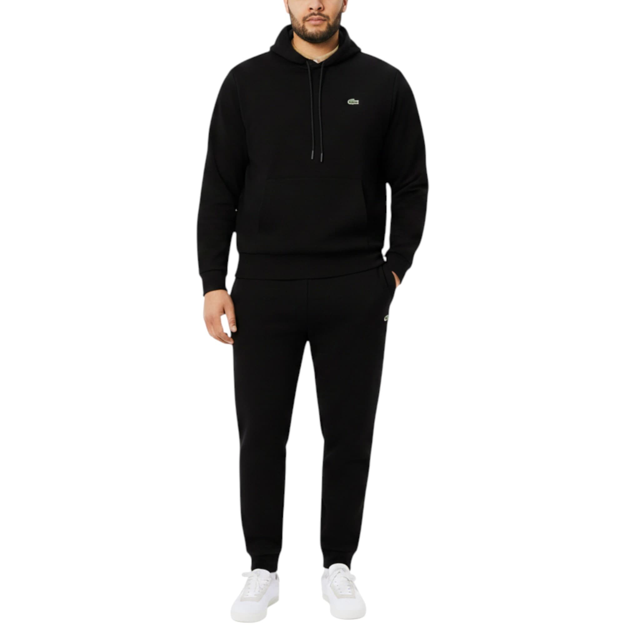 Lacoste men's black tracksuit front view, showing hoodie with embroidered crocodile and joggers
