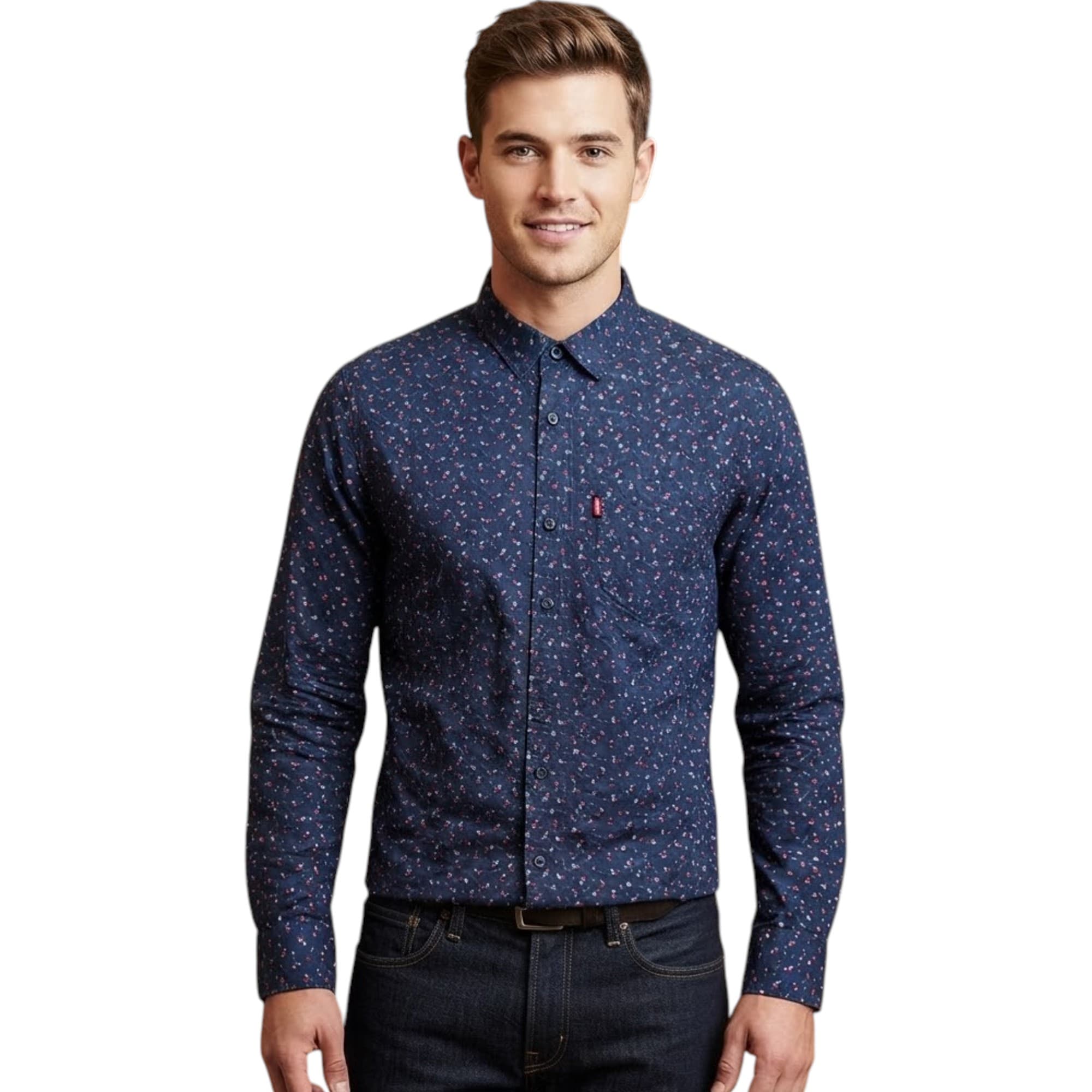 Levi's men's navy floral long sleeve shirt, slim fit, front view
