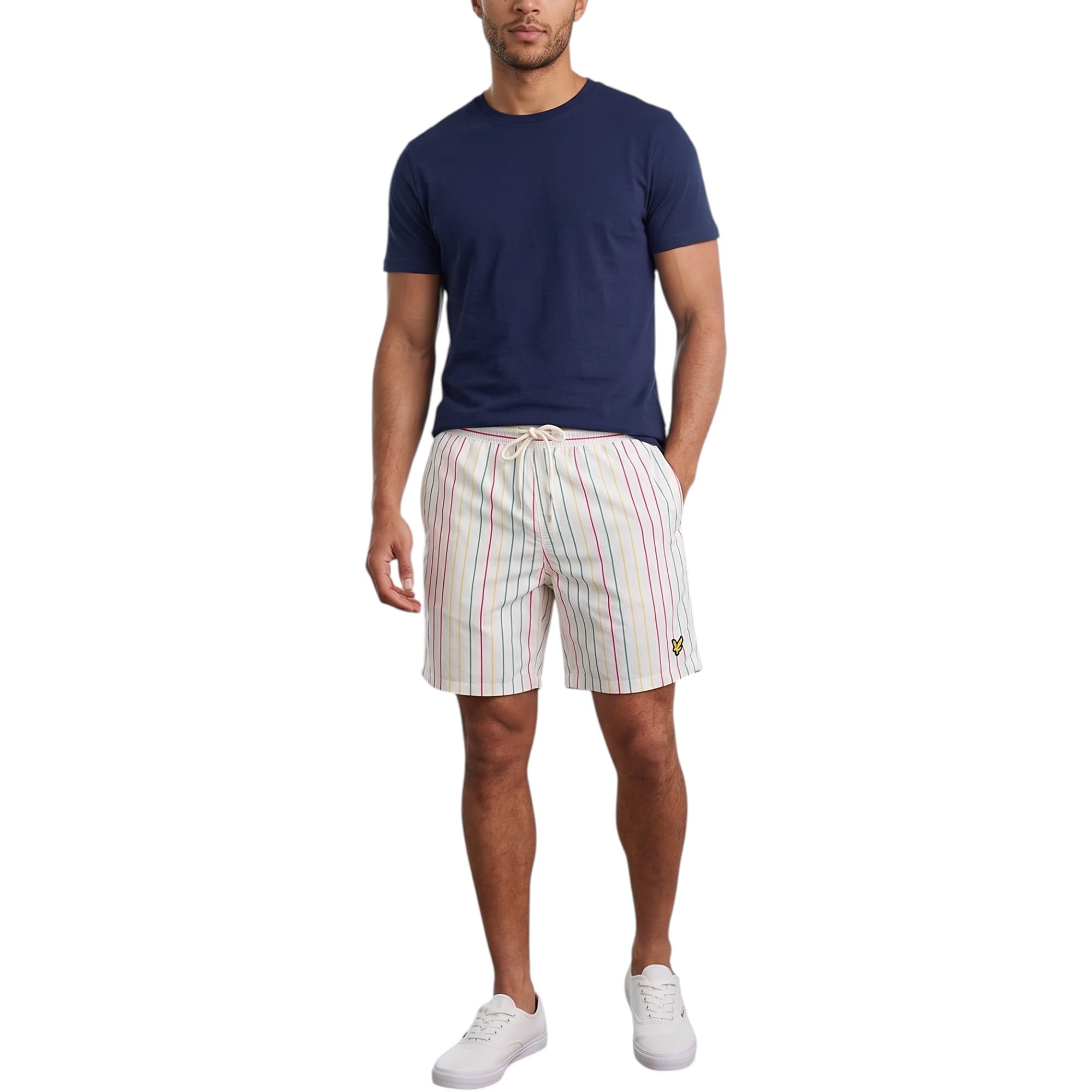 Lyle & Scott men's white swim shorts with stripe pattern, front view