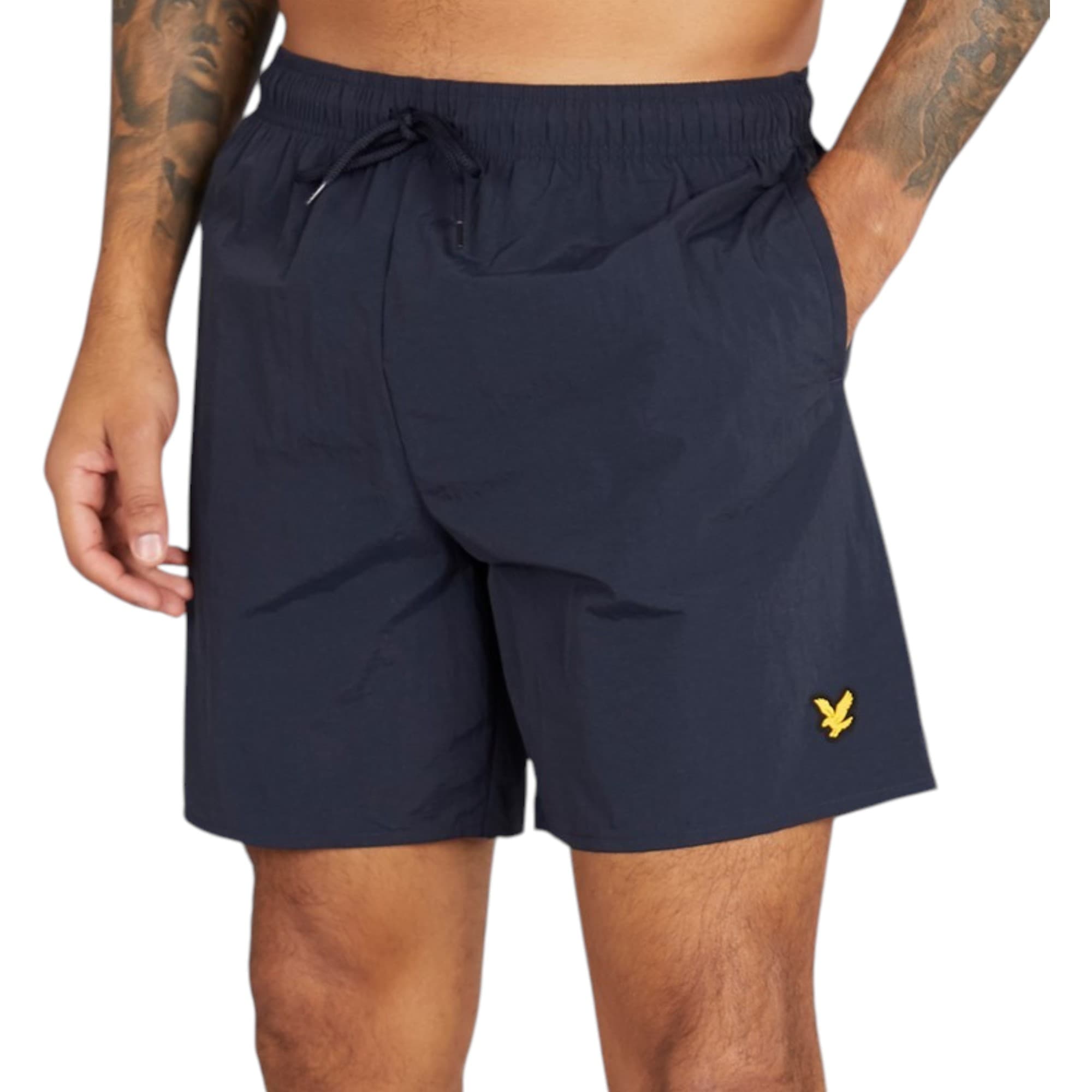 Lyle & Scott navy mens swim shorts front view with rubberised logo