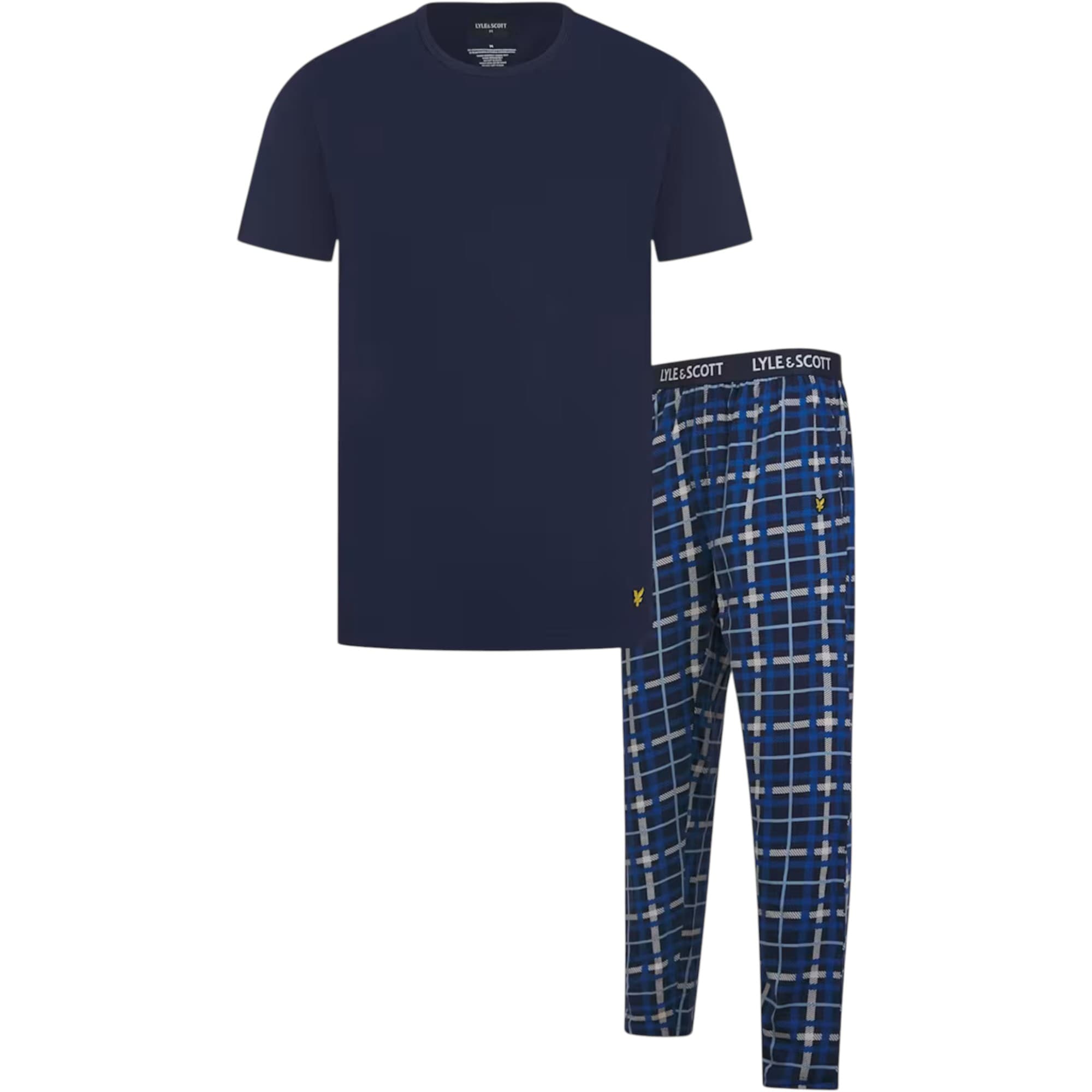 Lyle & Scott men's dark navy cotton pyjama set with checked trousers, front view
