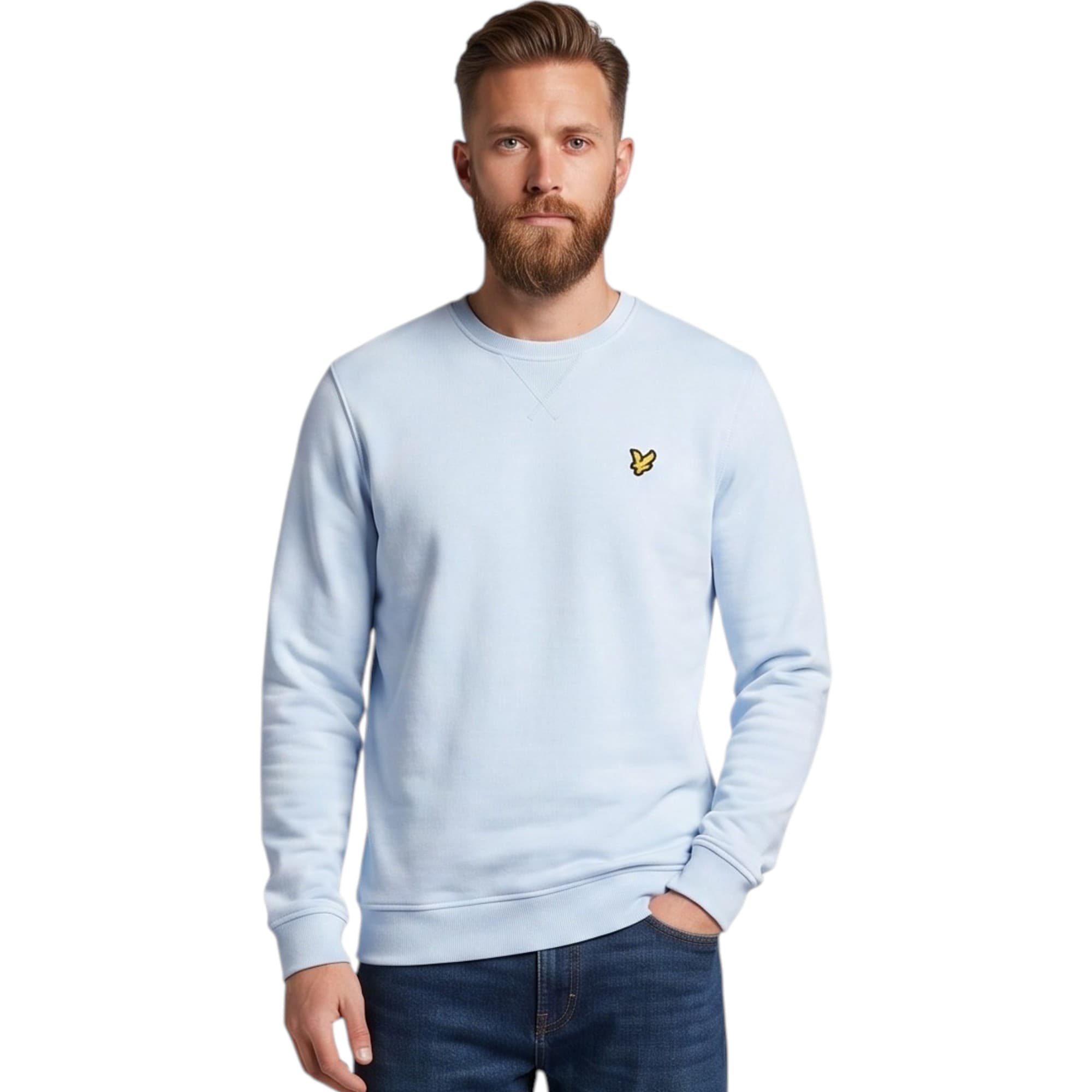 Lyle & Scott men's light blue cotton jumper with chest logo, front view