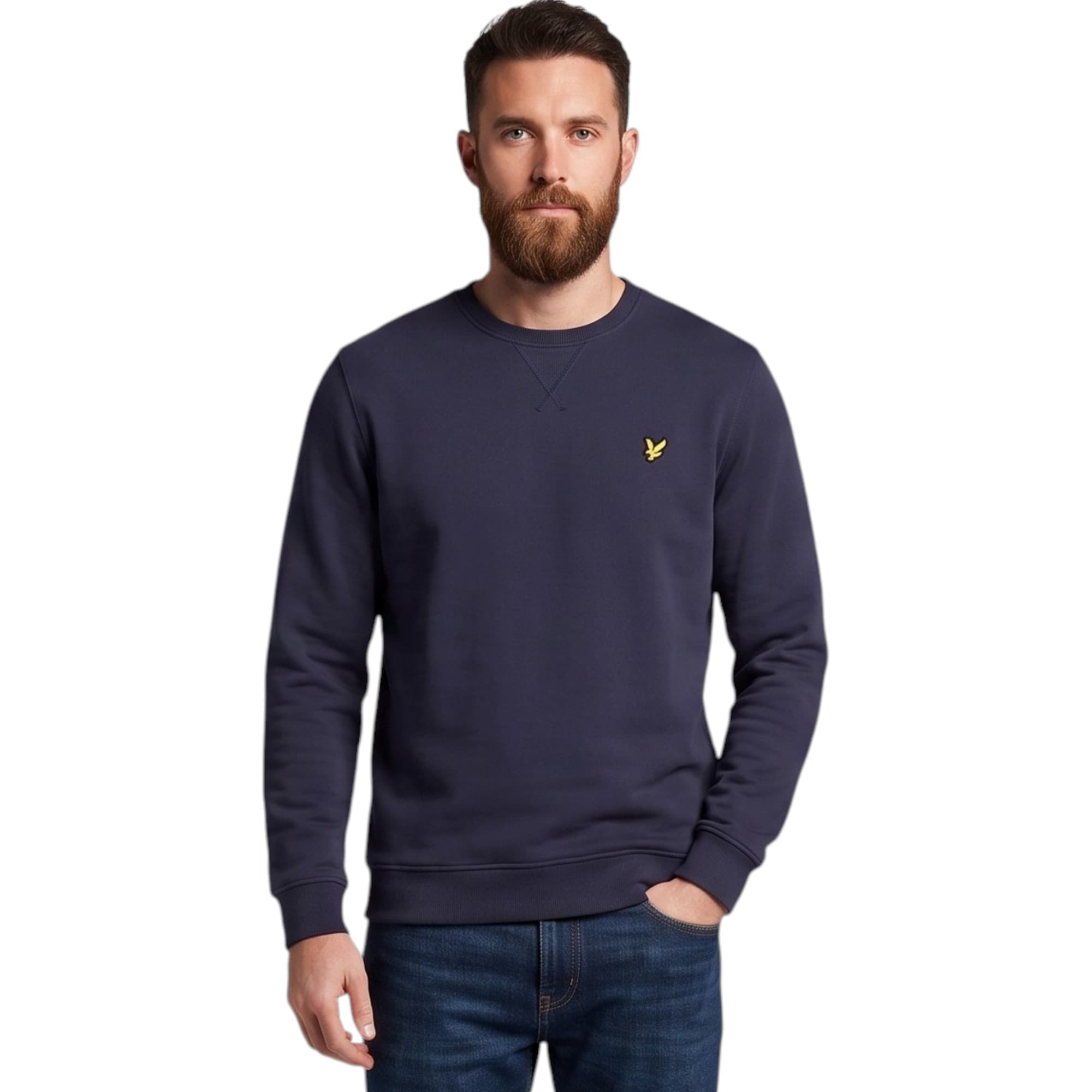 Lyle & Scott men's navy cotton jumper front view with chest logo