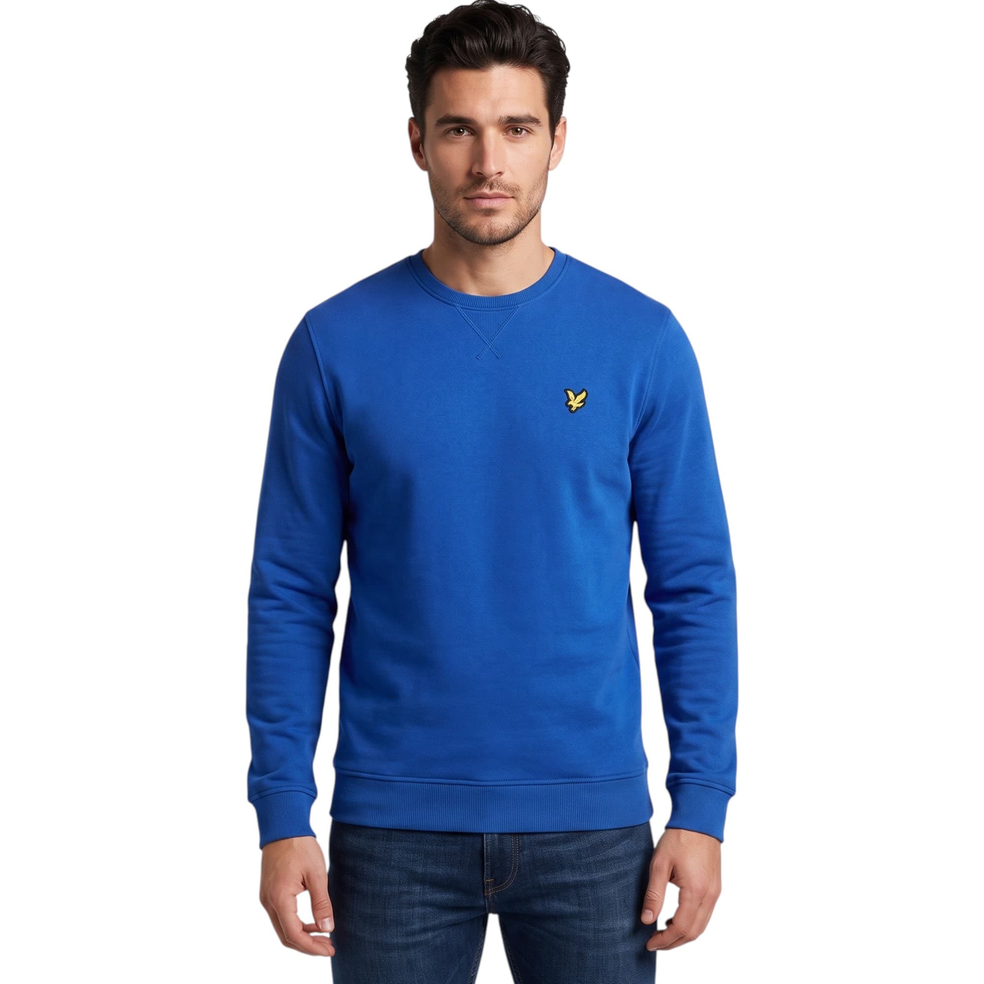 Lyle & Scott men's blue cotton jumper with chest logo, front view