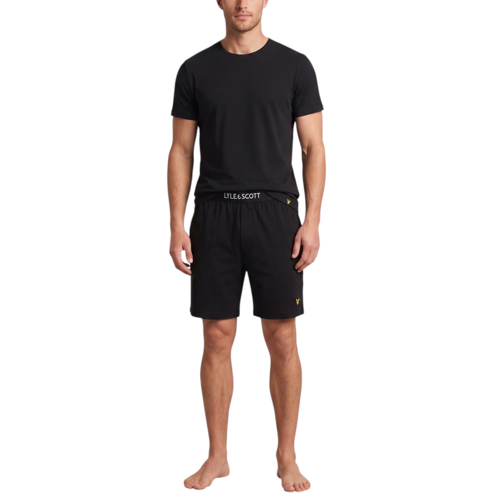 Lyle & Scott black men's tracksuit t-shirt and shorts front view