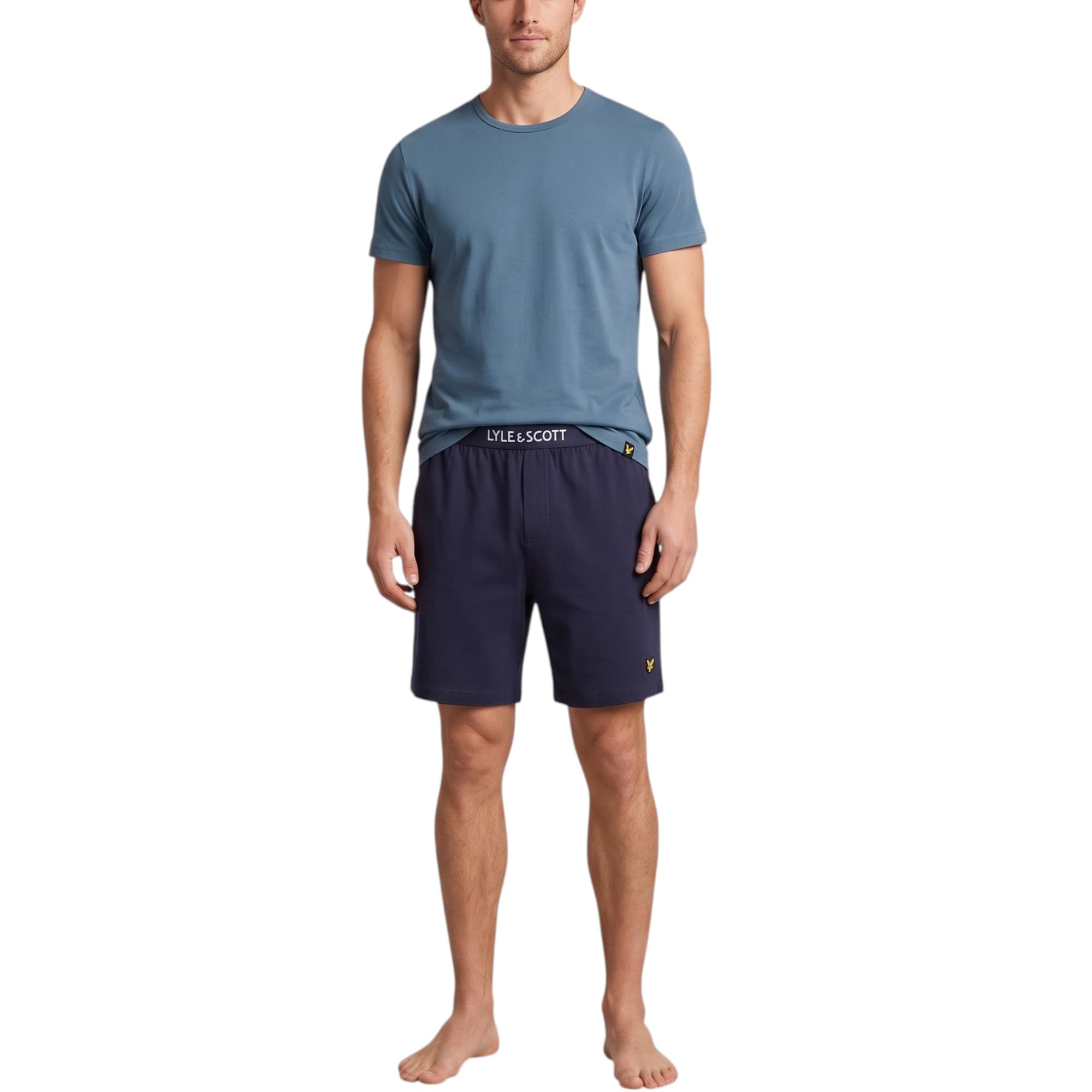 Lyle & Scott blue mens tracksuit set front view with printed branding