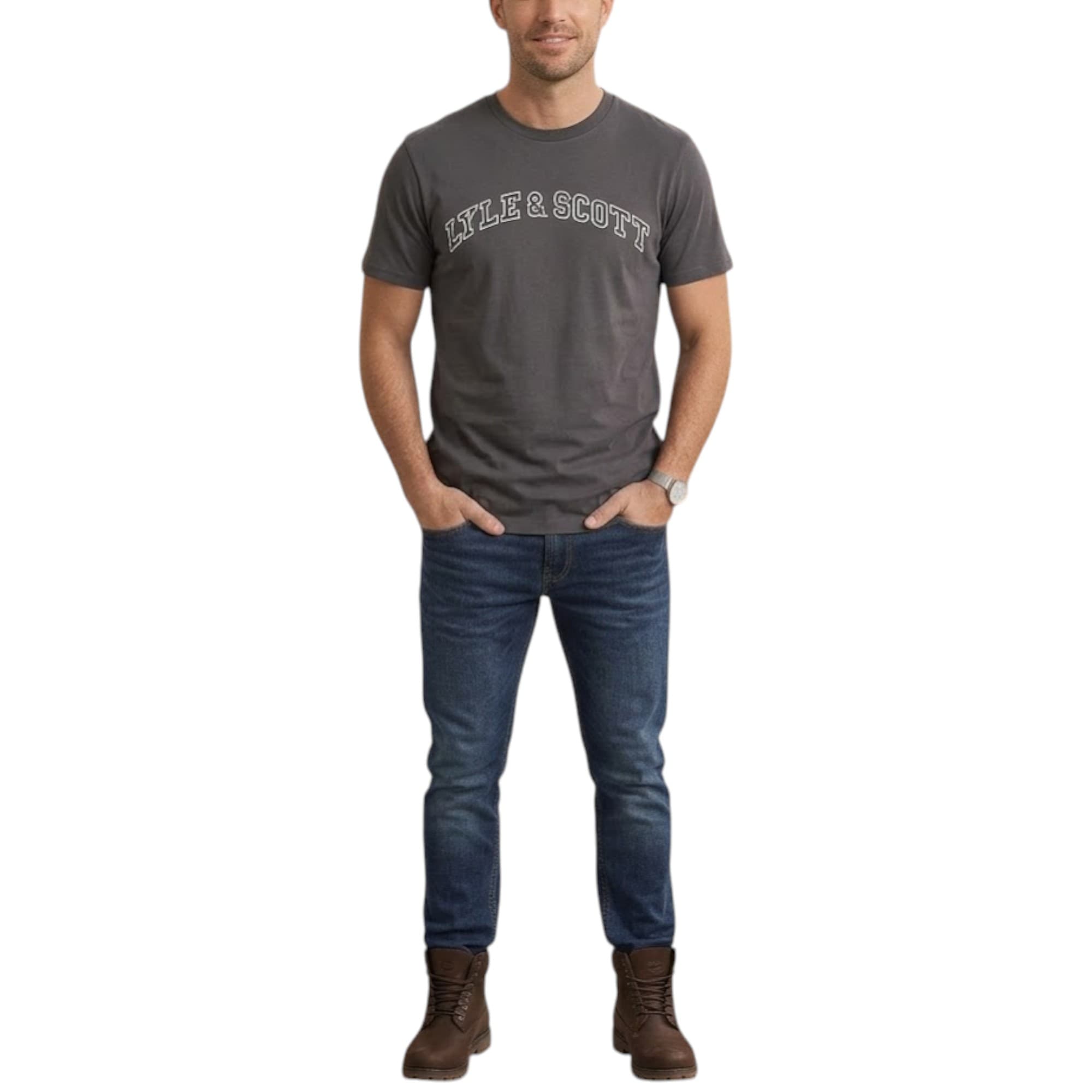 Lyle & Scott men's short sleeve t-shirt in charcoal grey, front view with crew neck and printed brand logo