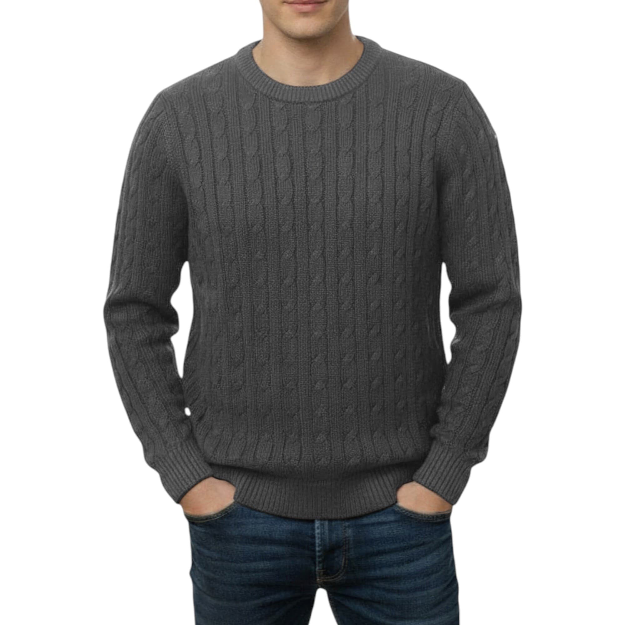 Firetrap men's cable knit sweatshirt front view in charcoal