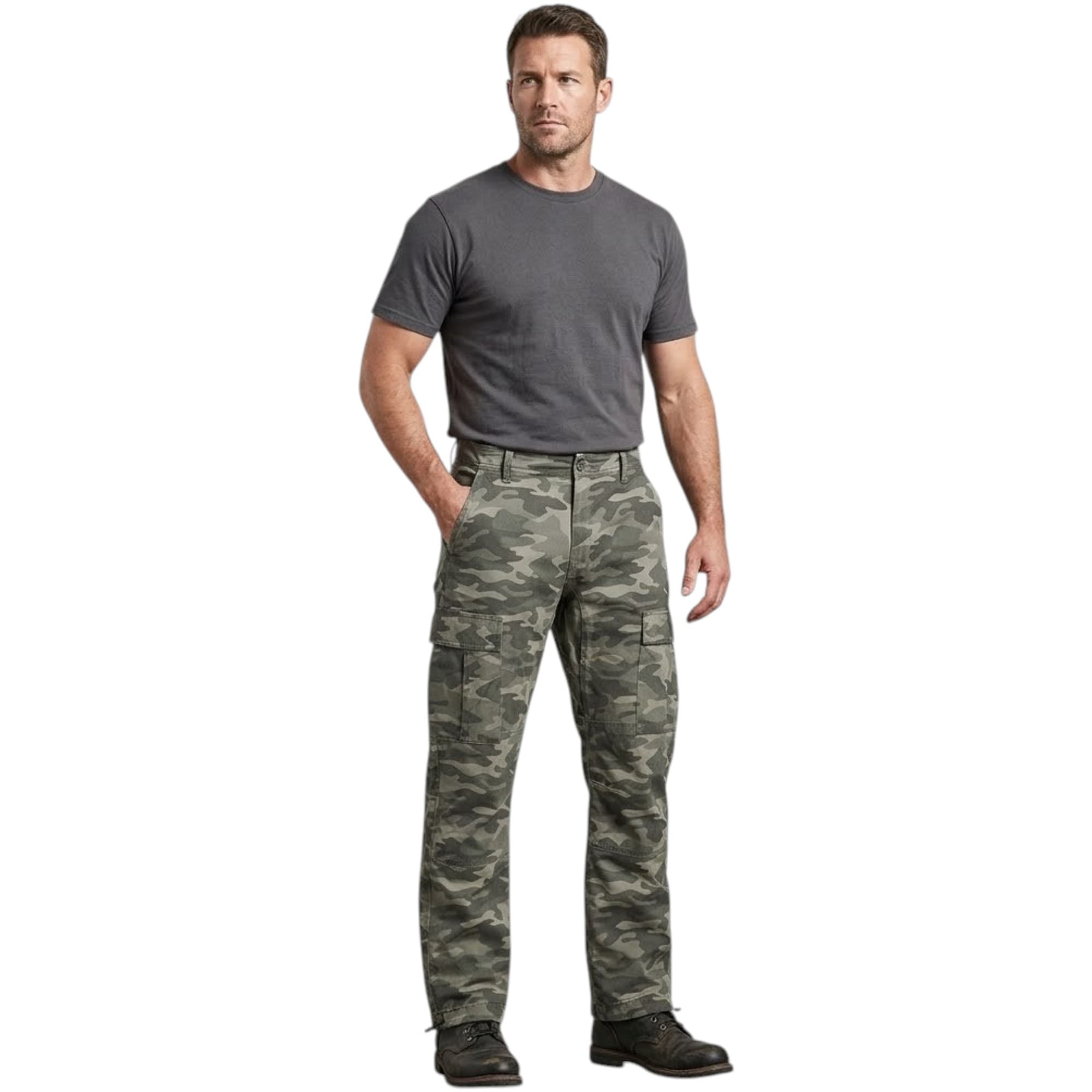 No Boundaries men's camouflage cargo trousers front view