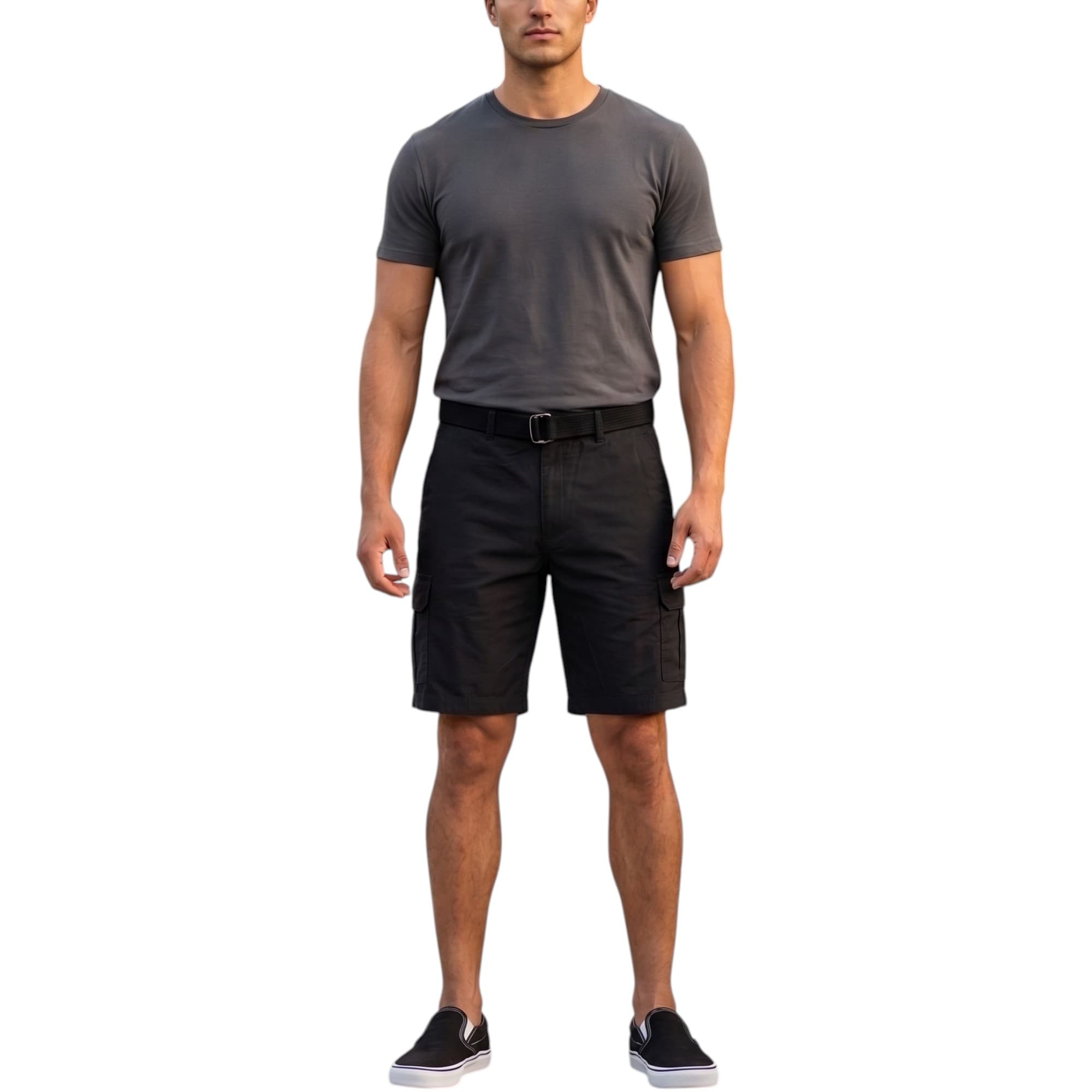 BYN DYNASTY black men's cargo shorts front view with relaxed fit