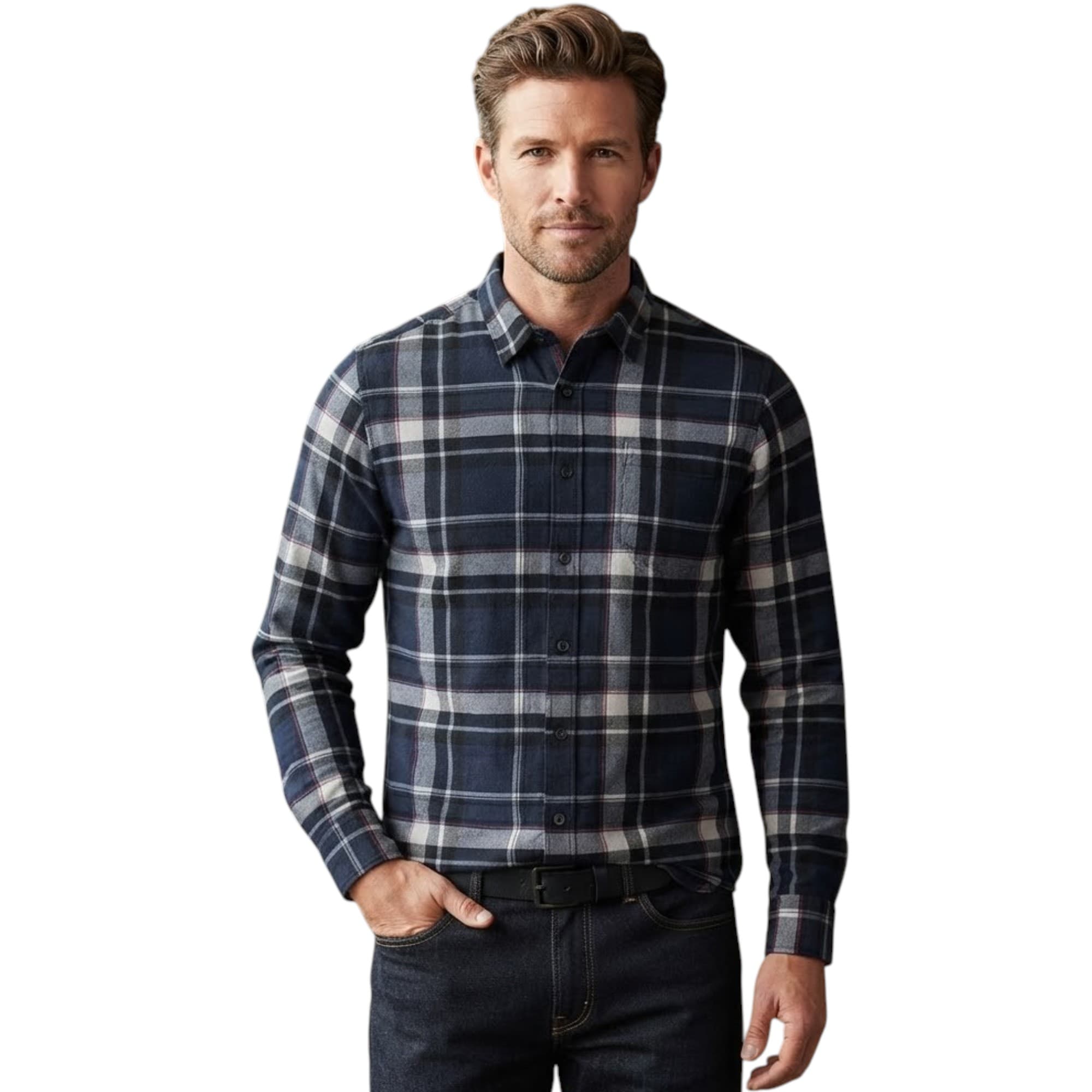 Clothing&Co men's blue check flannel shirt front view