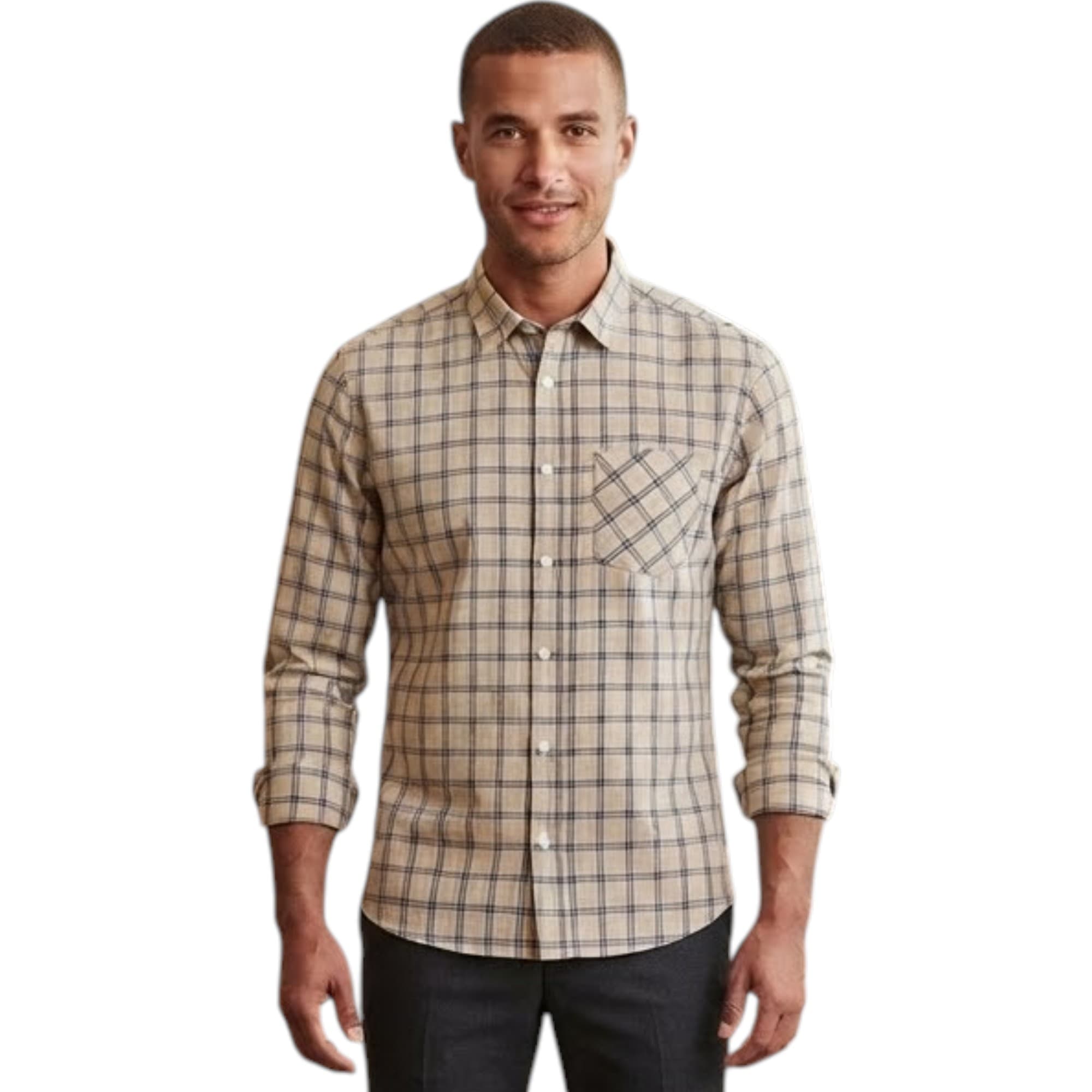 Springfield men's regular fit check shirt in black and white on beige, front view