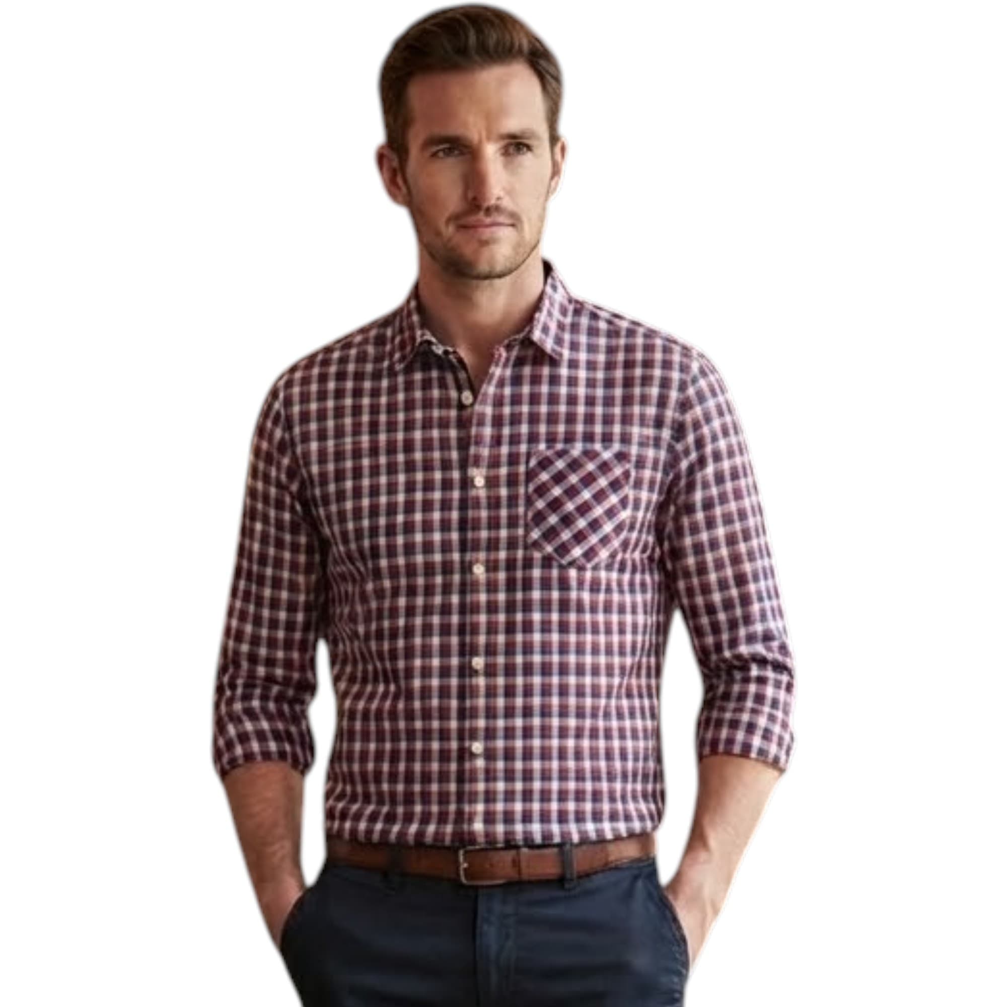 Springfield men's red, blue and white check shirt, front view