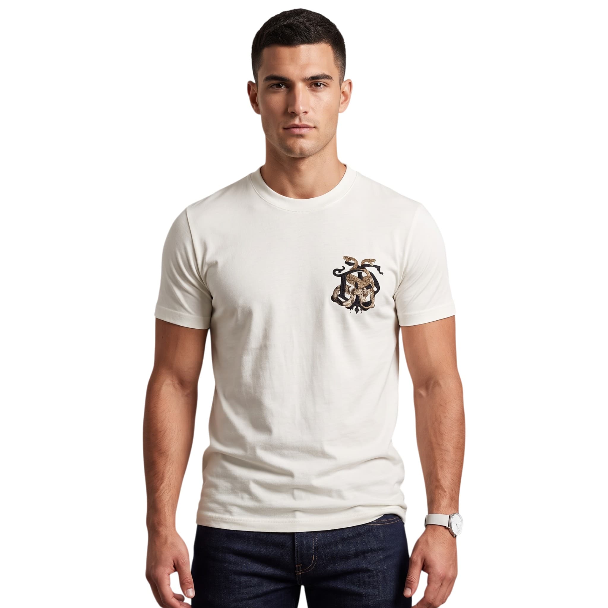 FAIRDIM white cotton men's t-shirt front view with FD SNAKE logo on chest