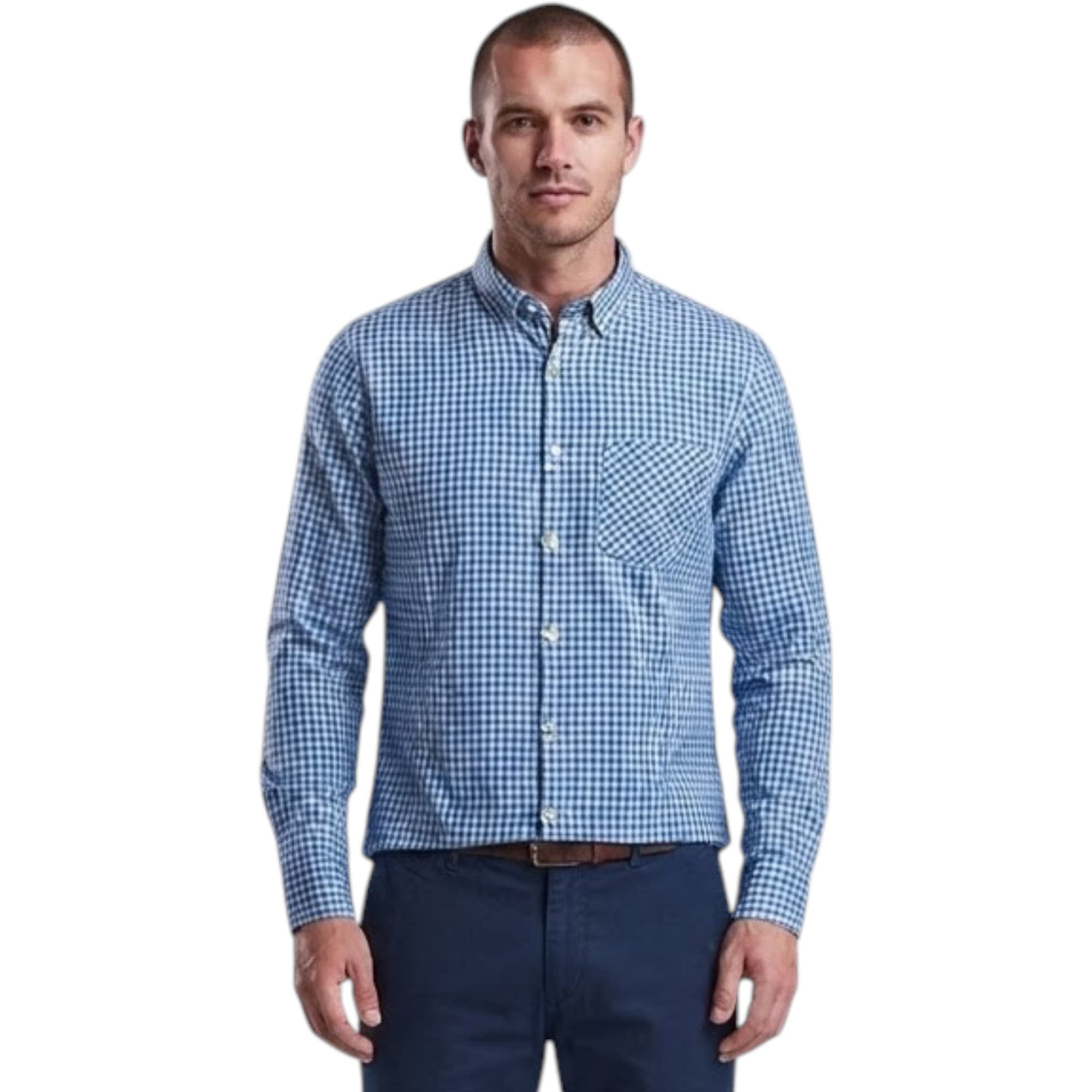 Springfield men's blue and white gingham long sleeve shirt front view