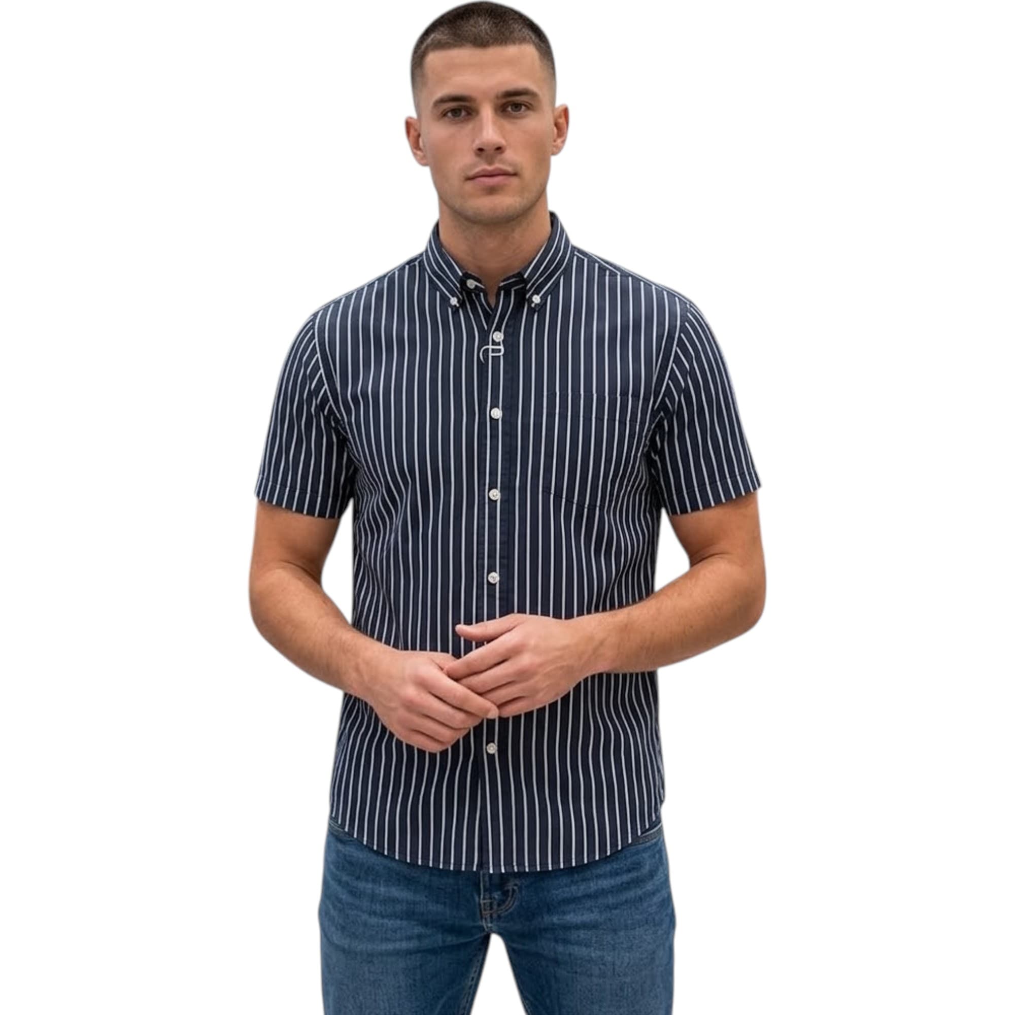 Springfield black and white striped men's Hawaiian short-sleeve shirt front view