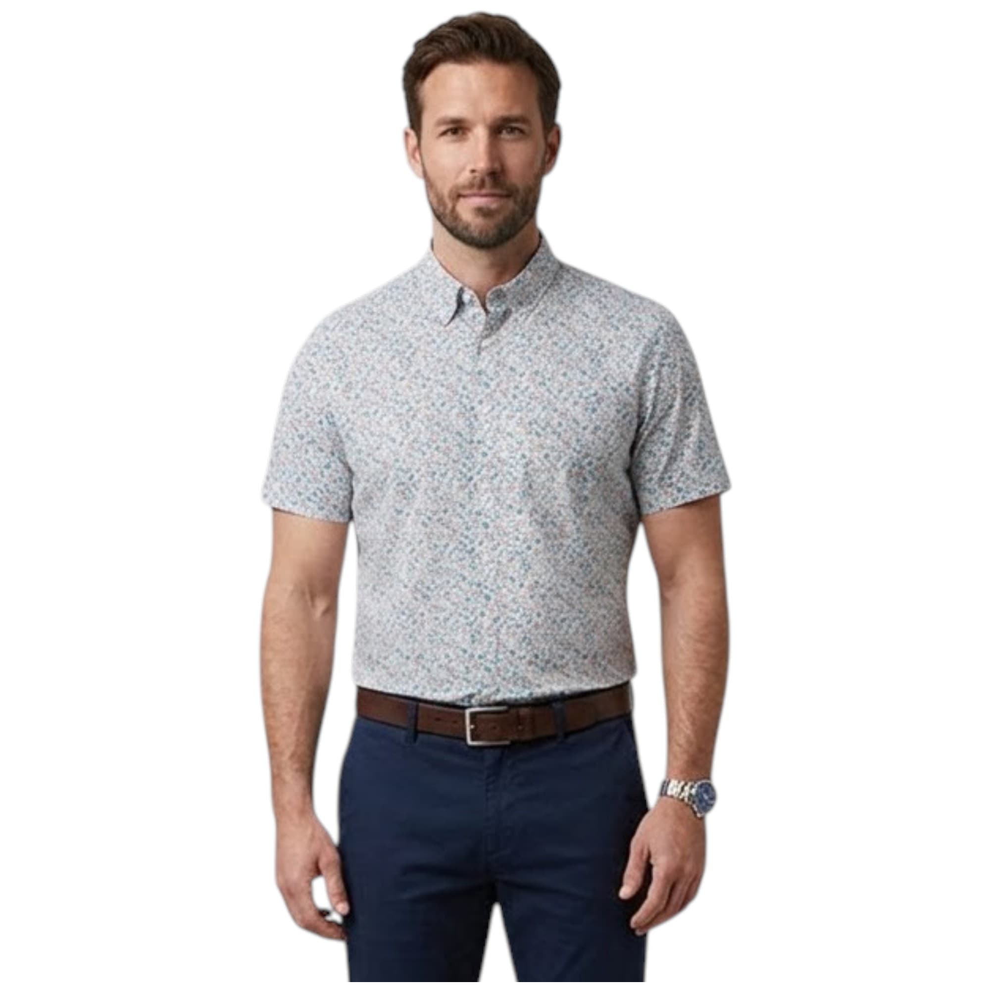 Springfield men's Hawaiian short sleeve shirt front view, white blue red floral print
