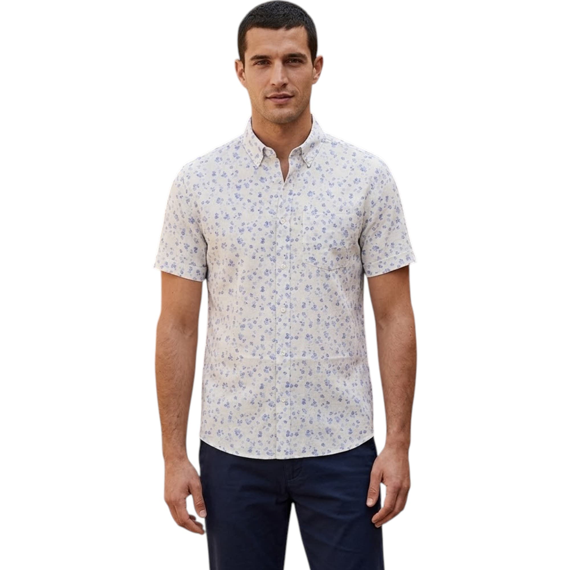 Springfield men's Hawaiian short sleeve shirt in white and blue small floral print, front view