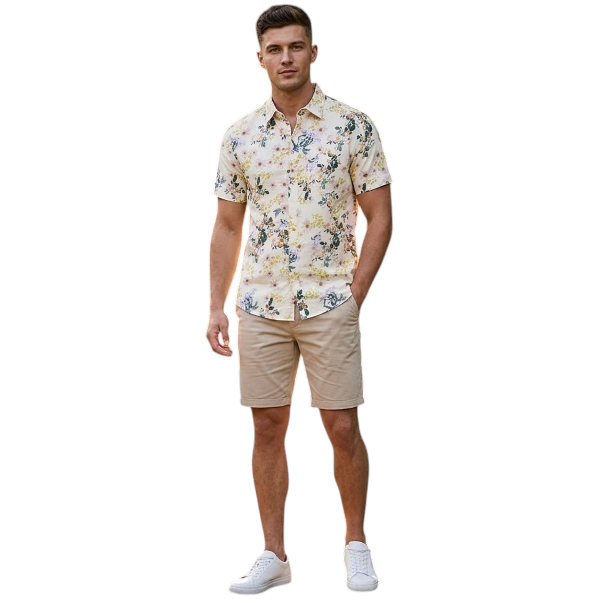 Springfield men's Hawaiian floral printed shirt front view, off-white purple and yellow viscose