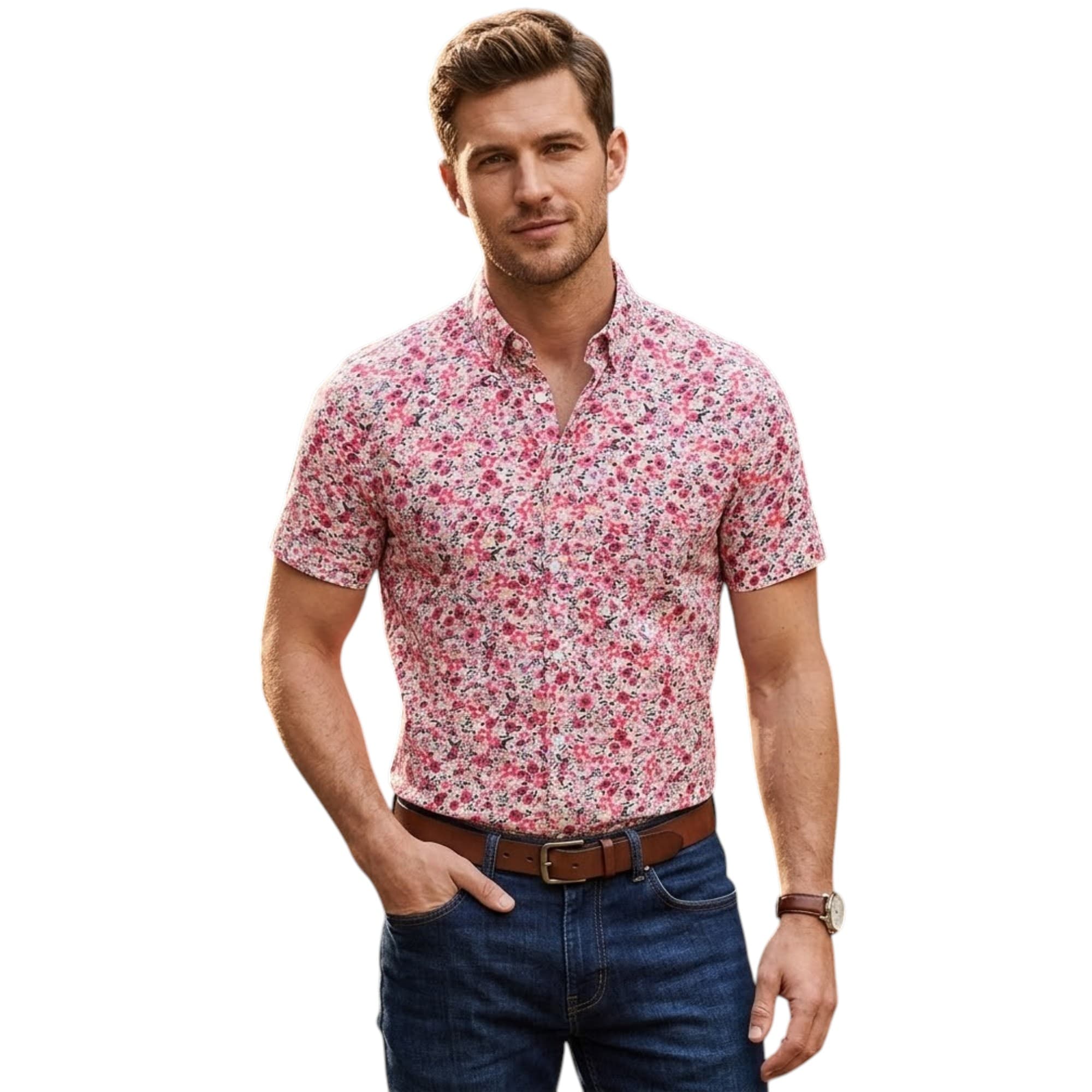 Springfield men's red and pink Hawaiian floral printed shirt, front view