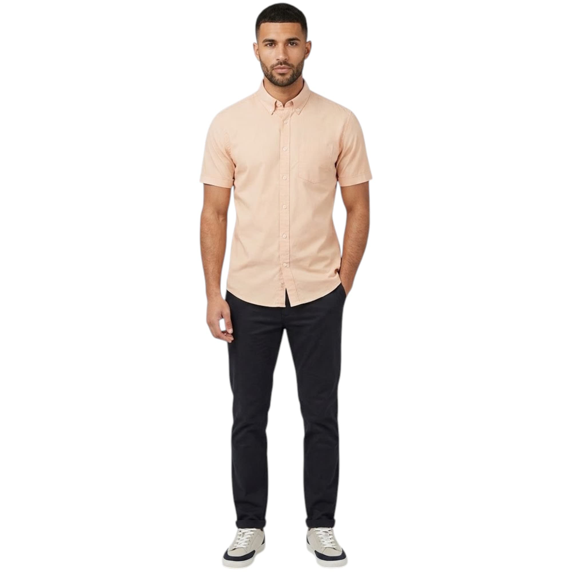 Springfield men's peach short-sleeve cotton casual shirt front view, regular fit