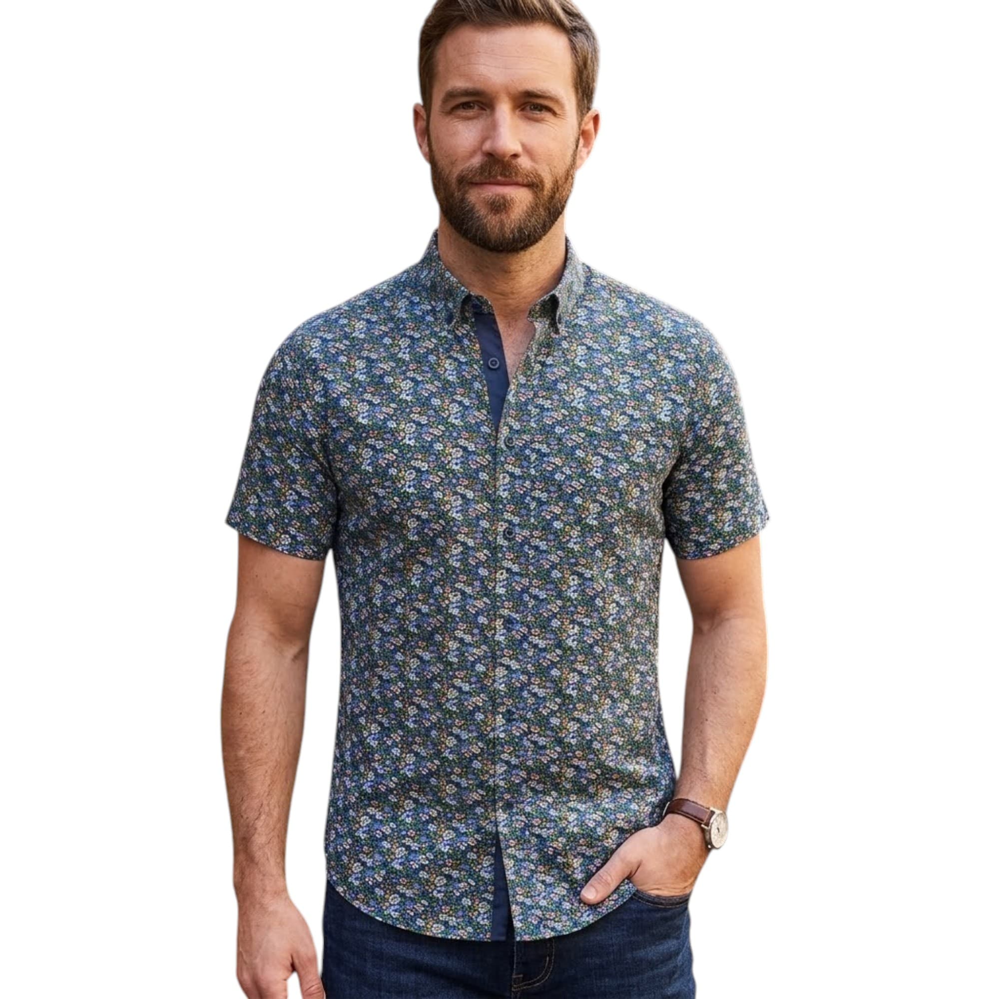 Springfield men's navy floral printed short sleeve viscose shirt front view