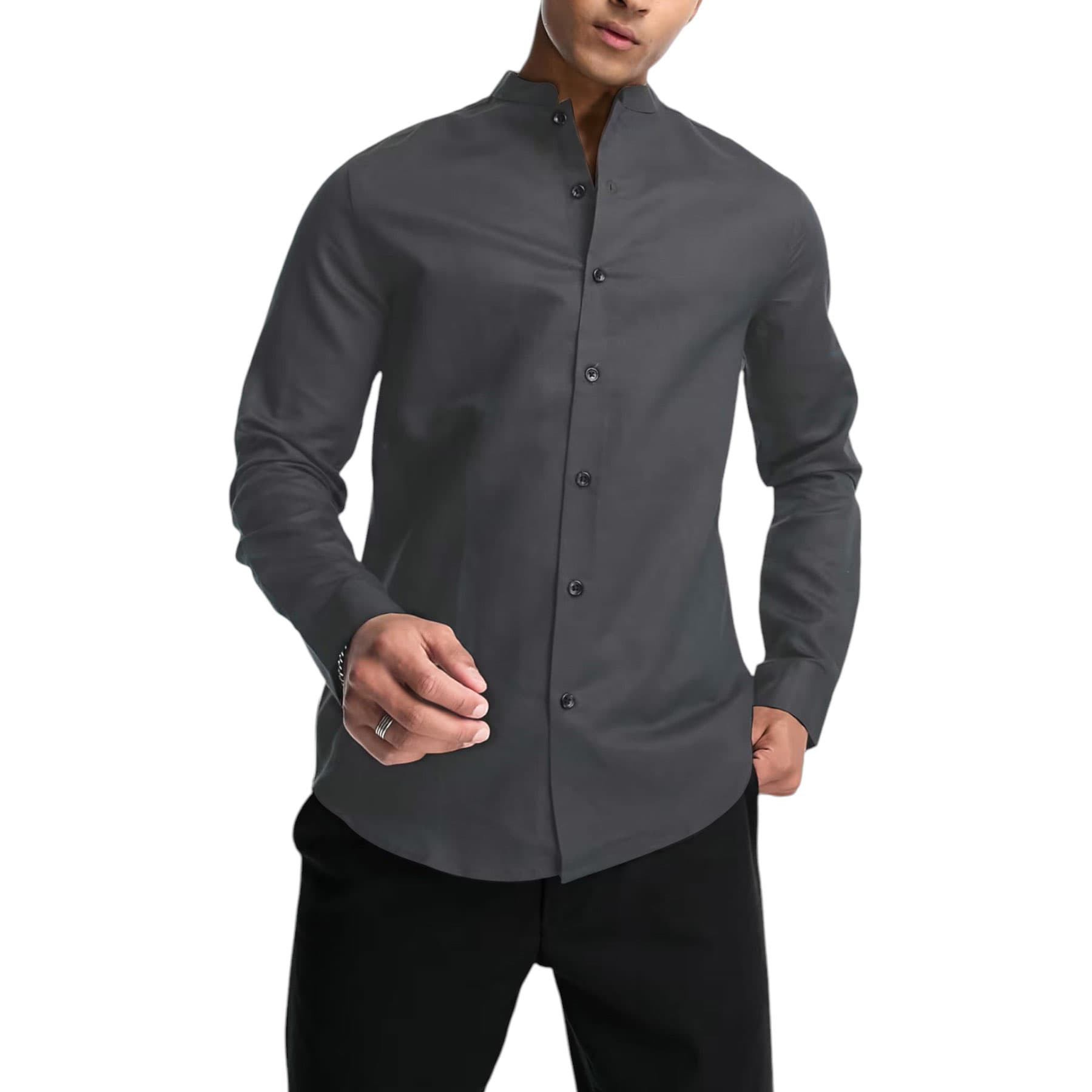 FAIRDIM men's black slim-fit shirt with band collar, front view