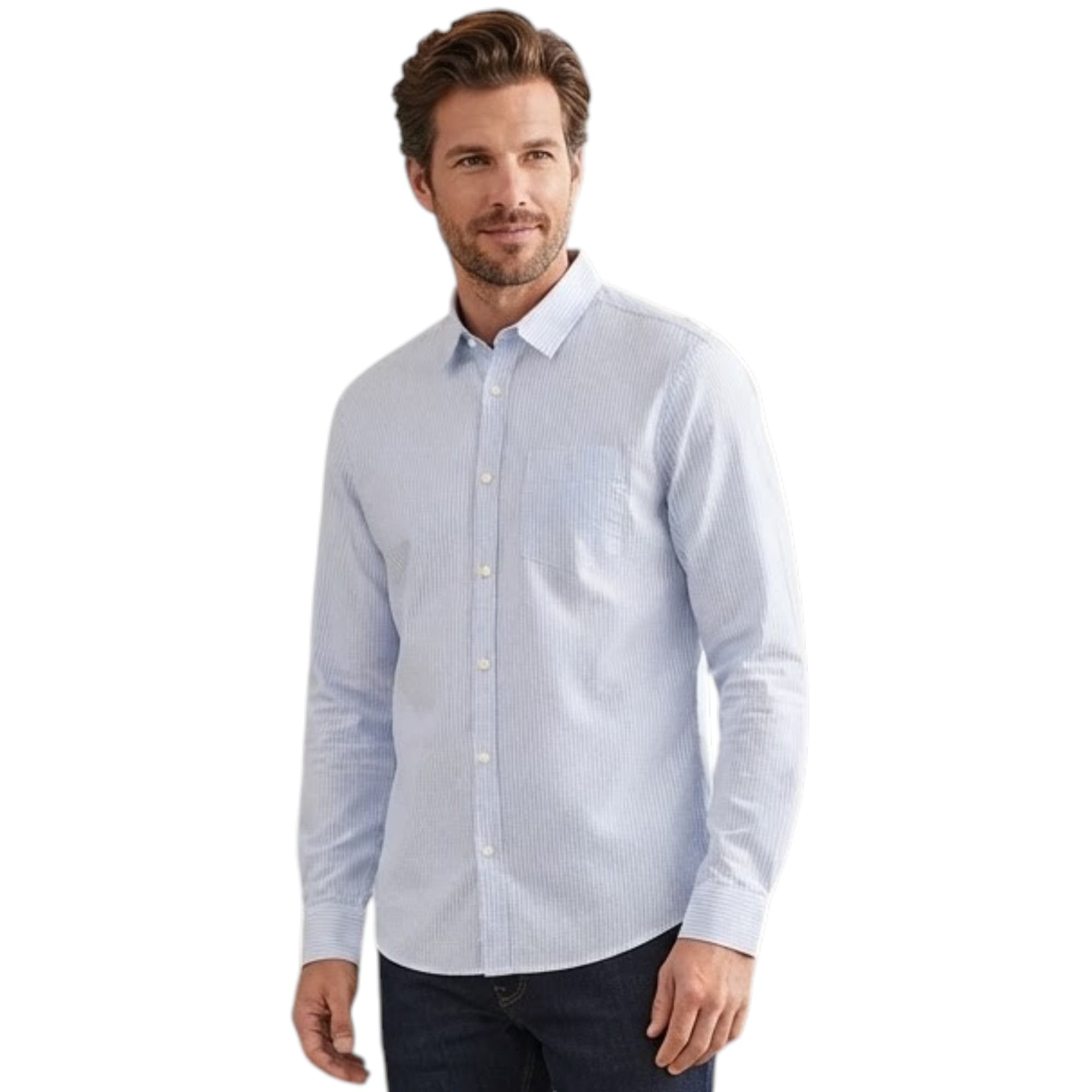 Springfield men's blue and white stripe regular fit shirt front view