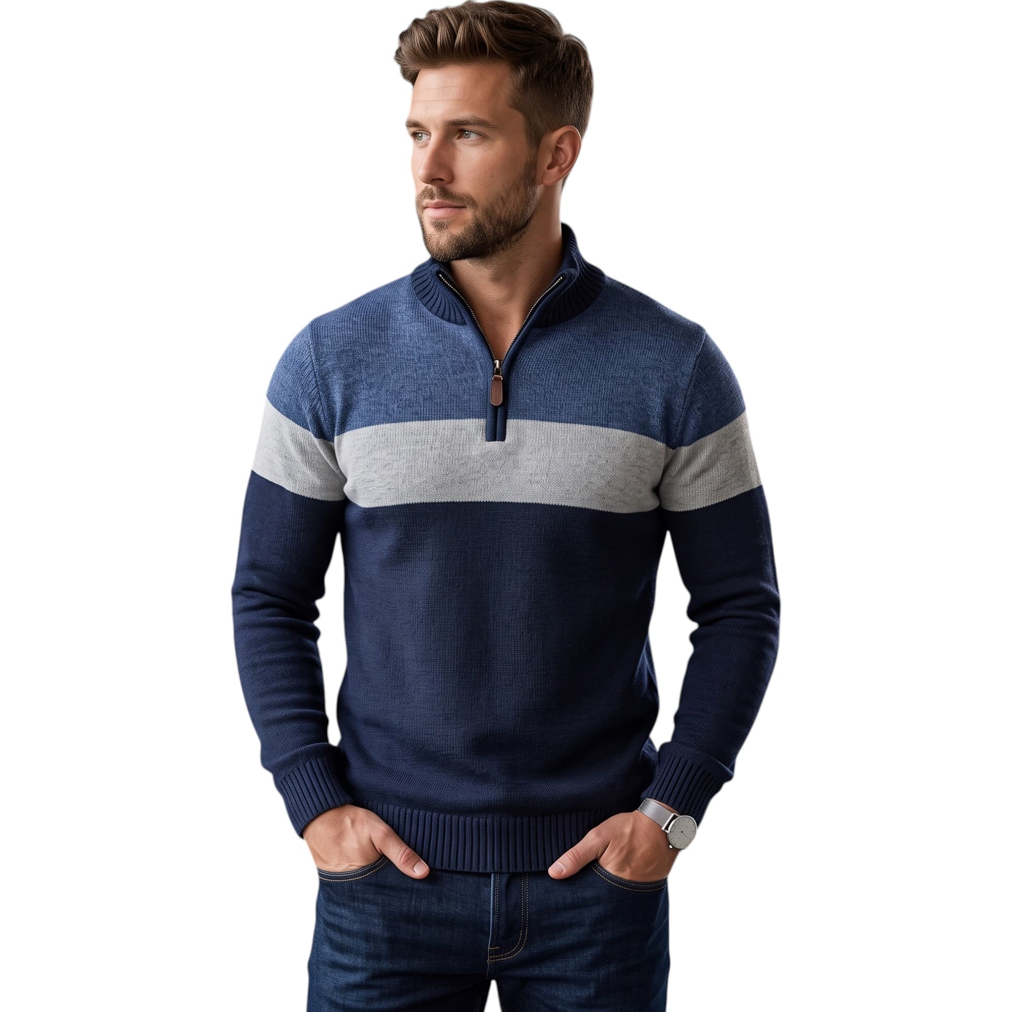 MANA men's blue stripe cotton sweatshirt with quarter-zip front, front view