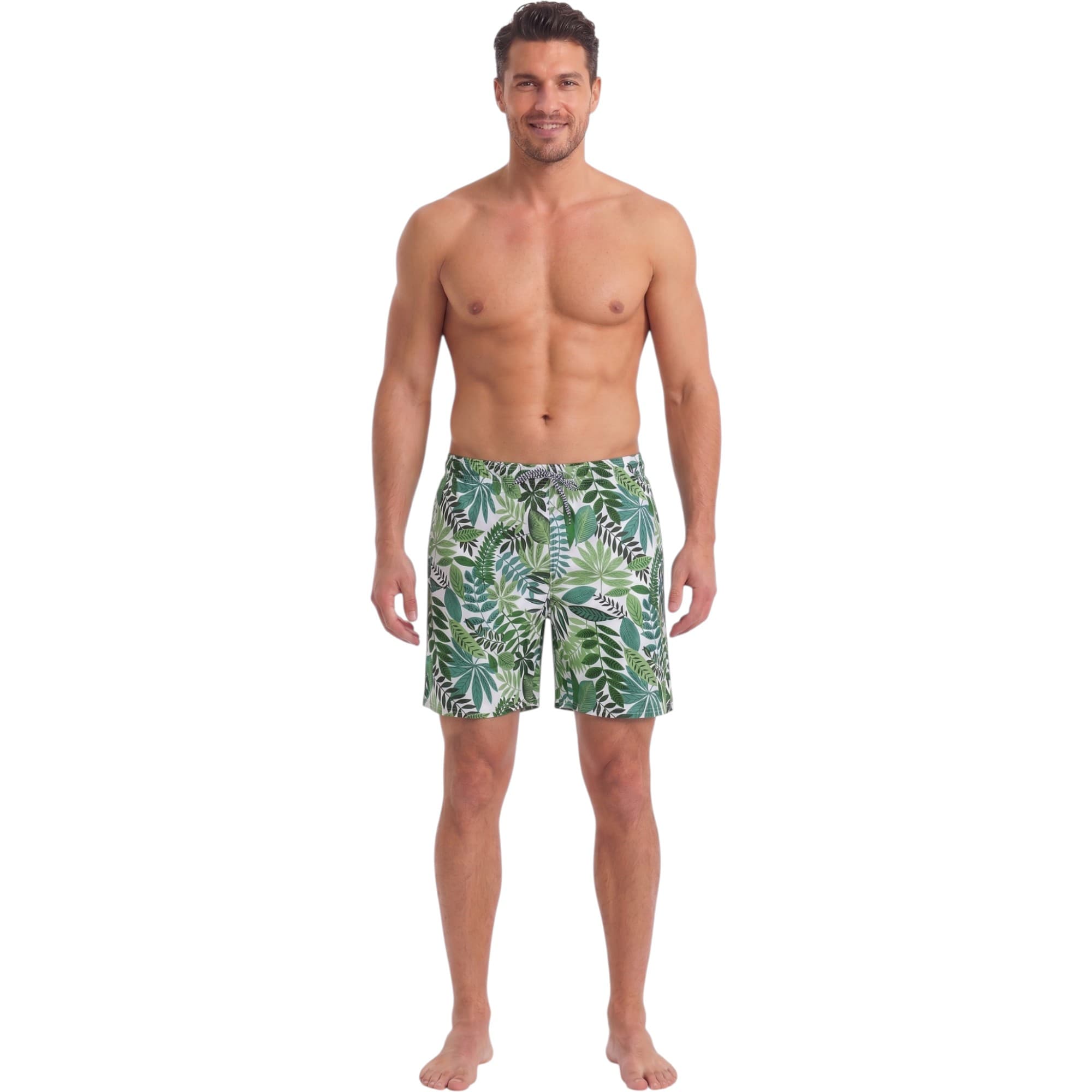 Bottom Up Green Leaf men's swimming board shorts front view