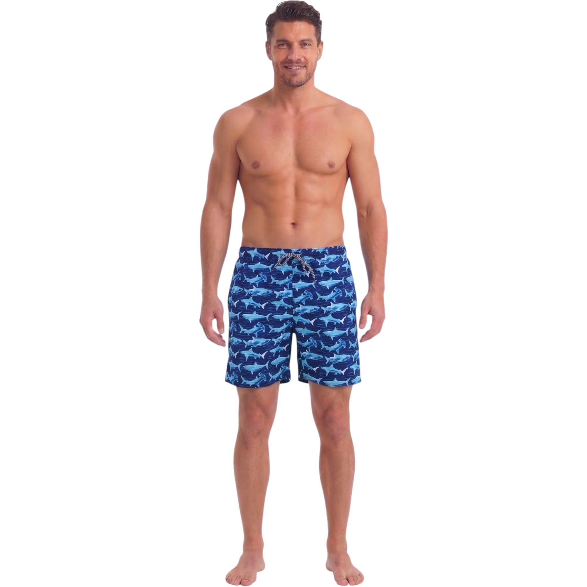 Bottom Up men's shark print swimming board shorts front view