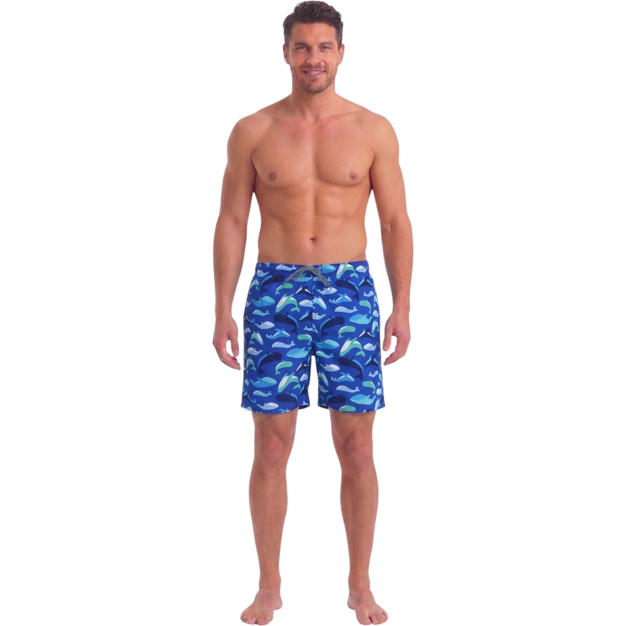 Bottom Up men's whale print swimming board shorts front view