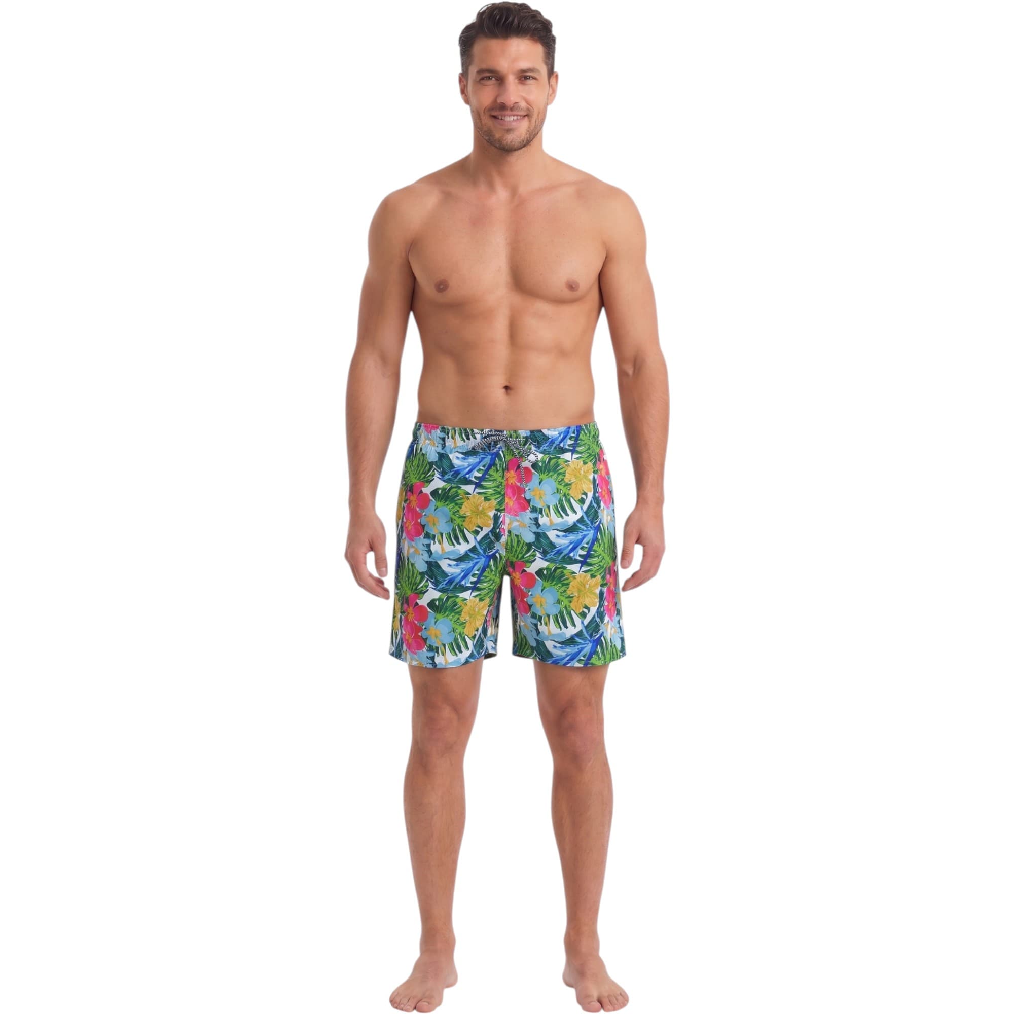 Bottom Up yellow and pink flower men's swimming board shorts front view