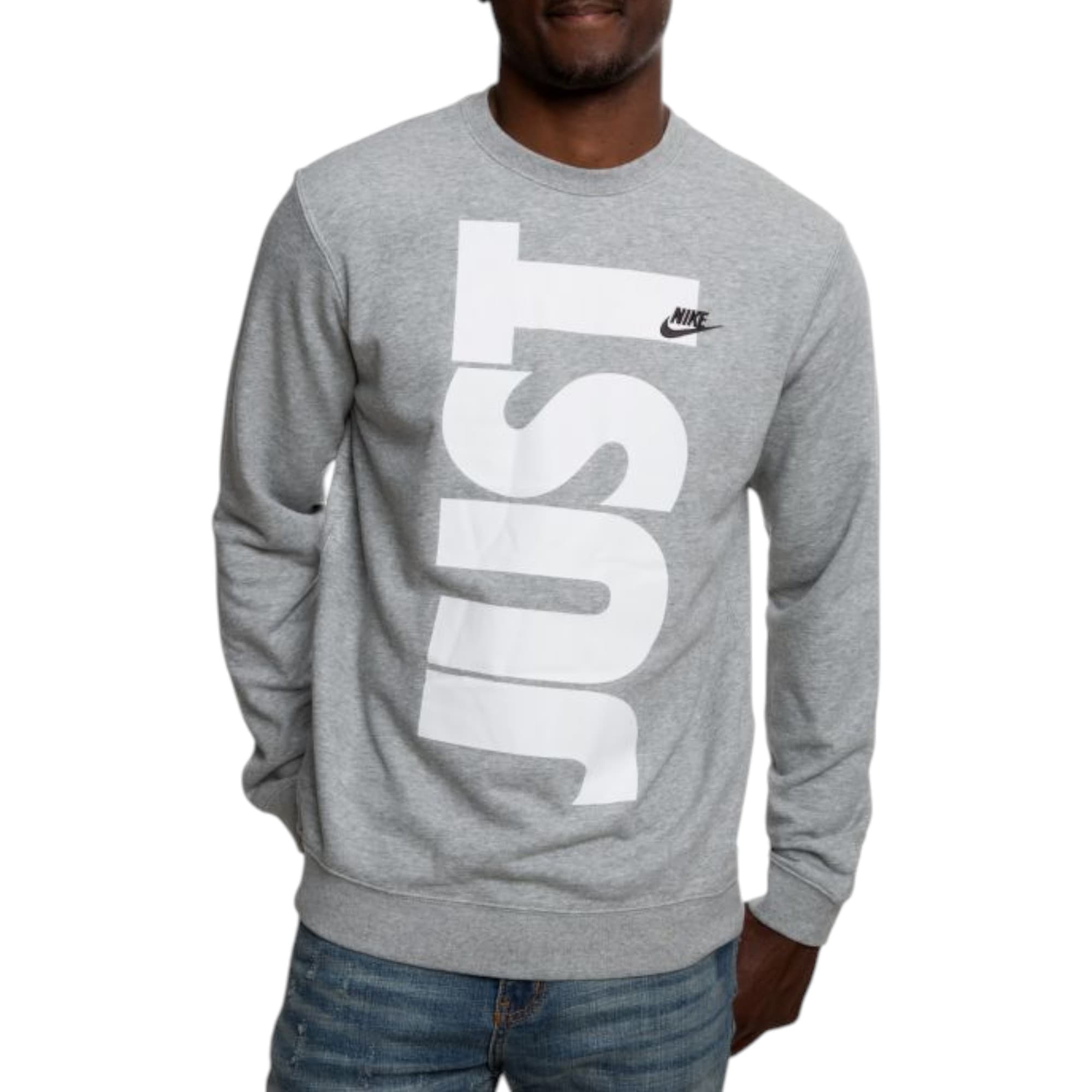 Nike grey men's cotton pullover sweatshirt with white 'Just' text on front and Swoosh logo