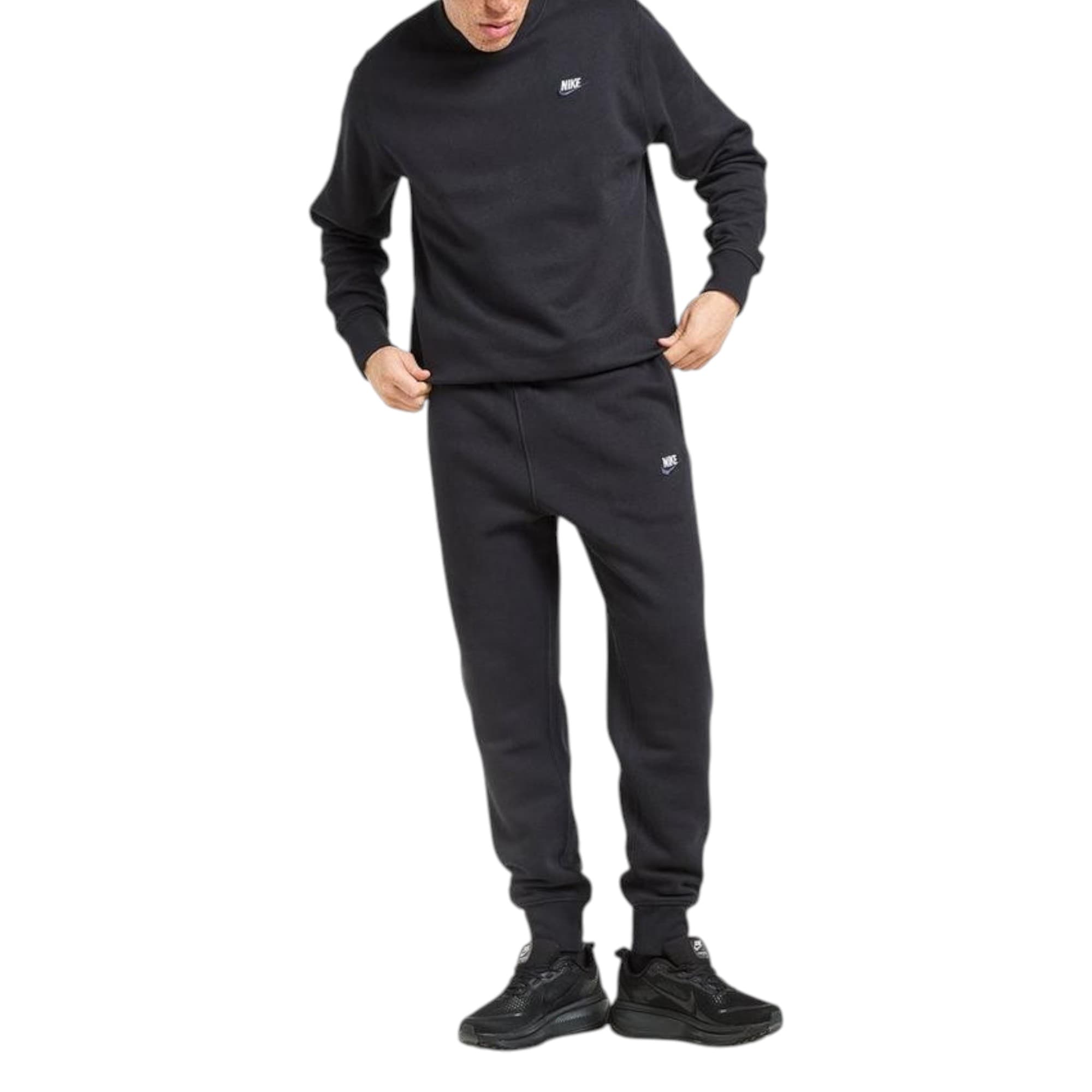Nike men's black tracksuit front view with crew neck sweatshirt and joggers