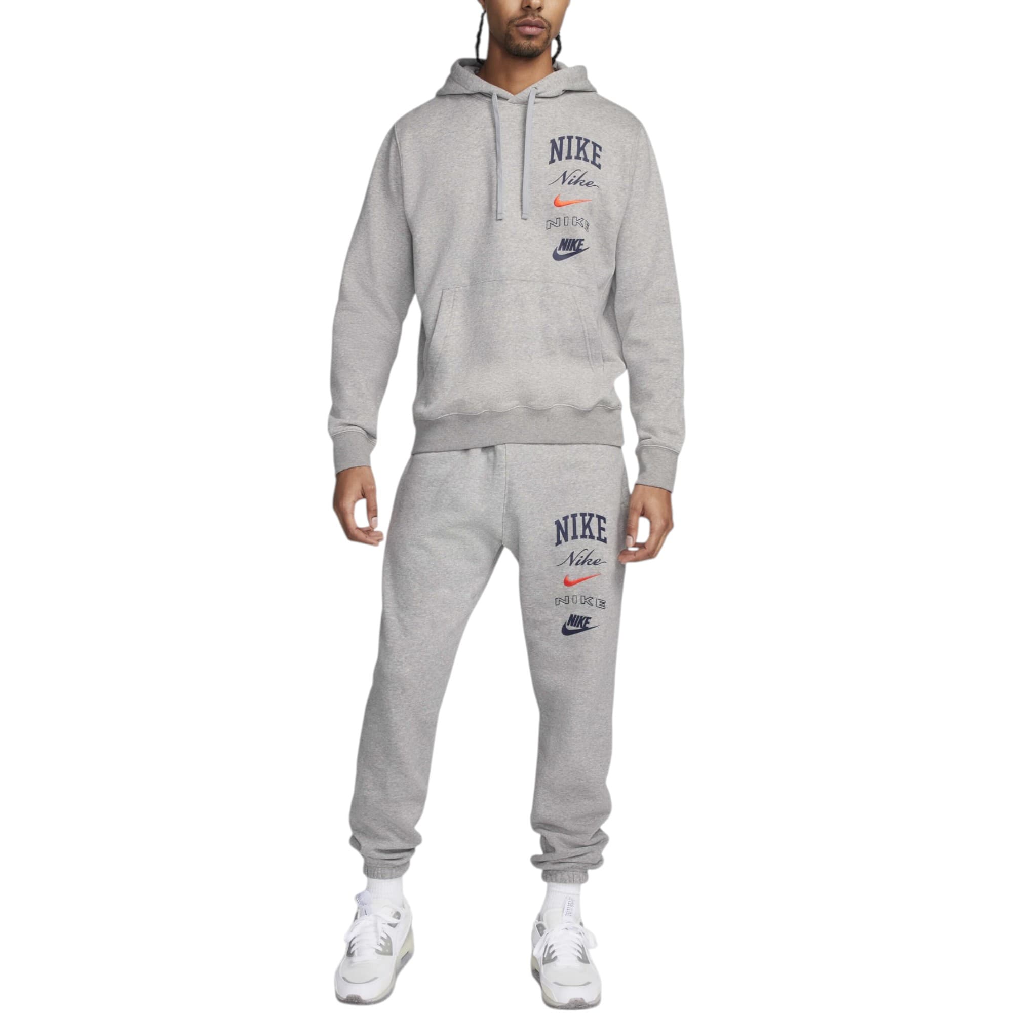 Nike Men's grey pullover hoodie and joggers tracksuit front view