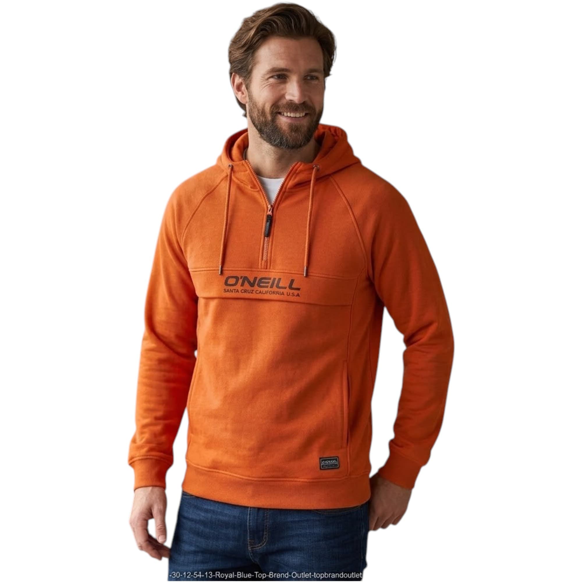 O'Neill men's orange half zip hoodie with rubber print logo, front view