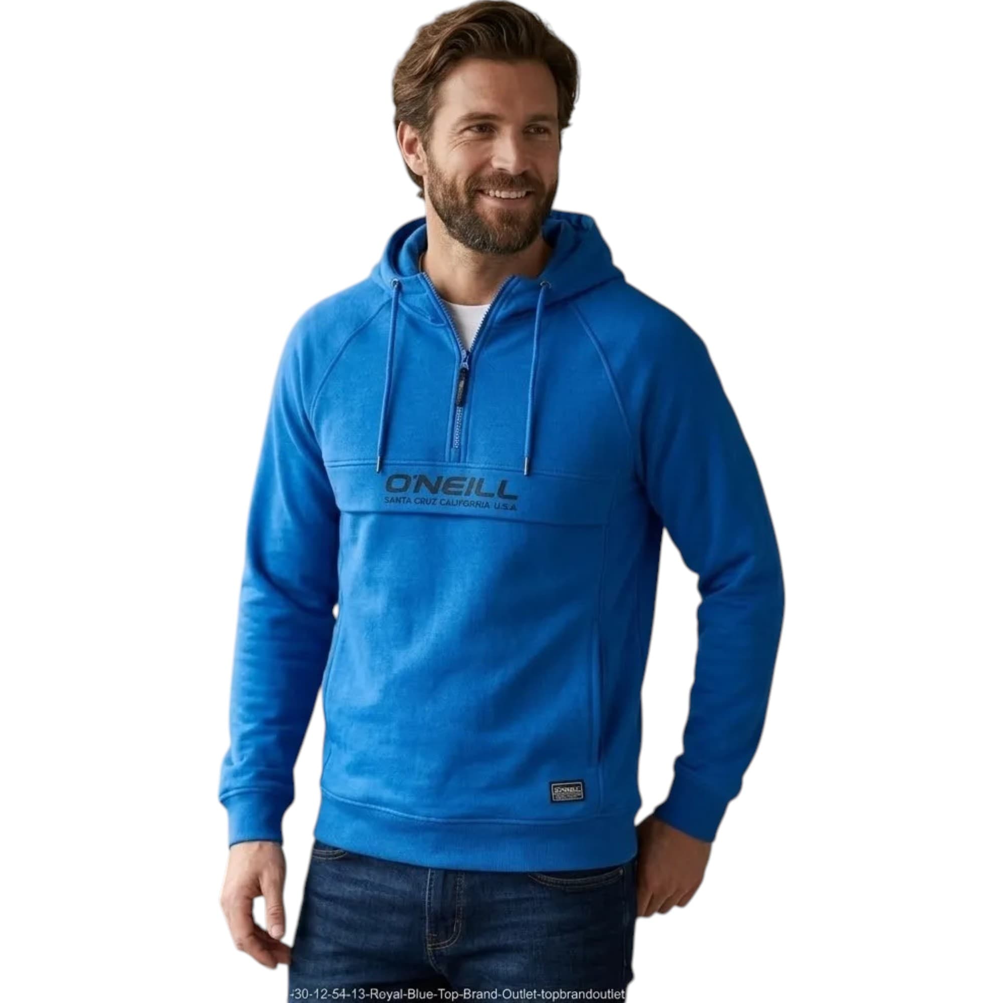 O'Neill men's blue half zip hoodie with rubber print logo front view