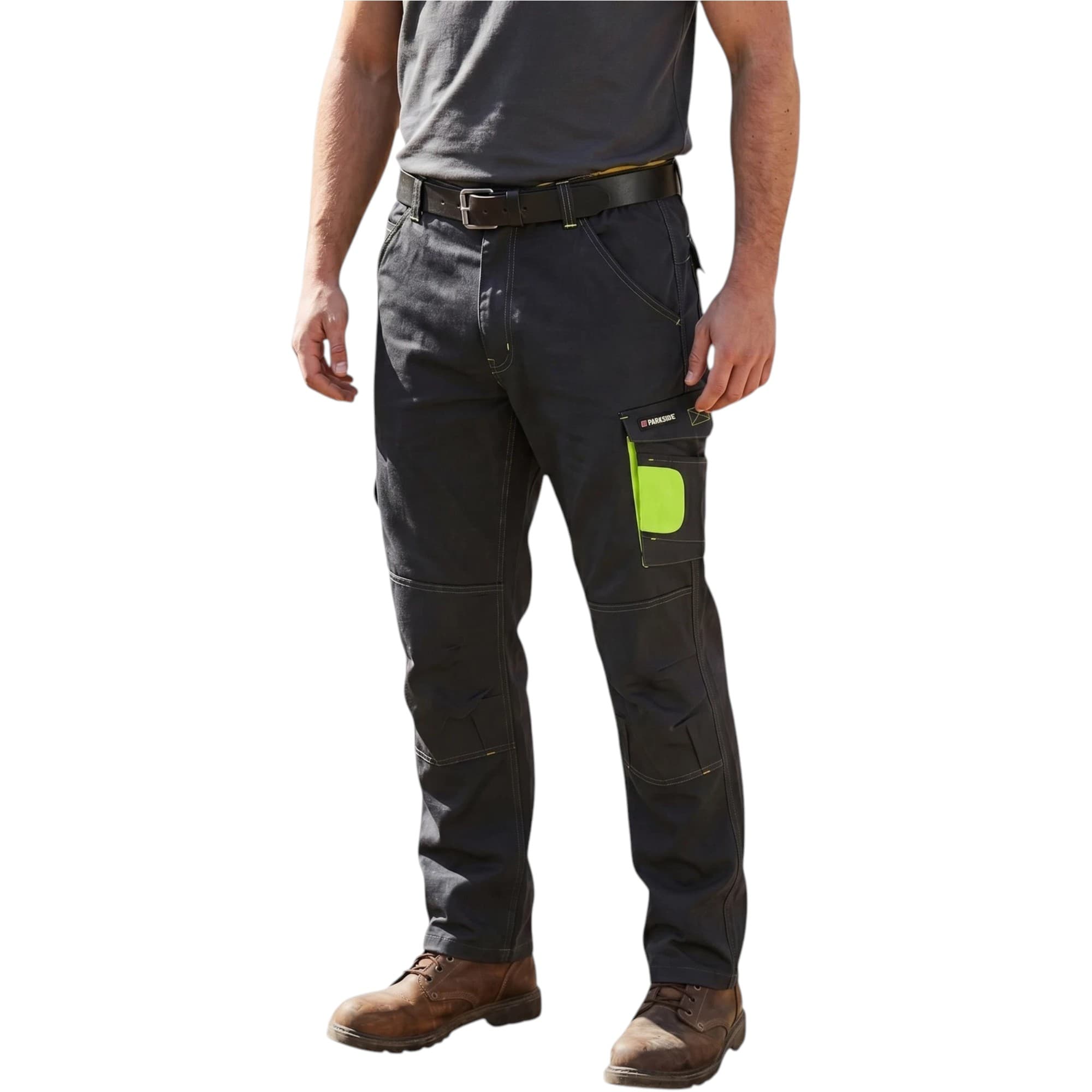 Parkside men's black cargo work trousers front view with multiple pockets