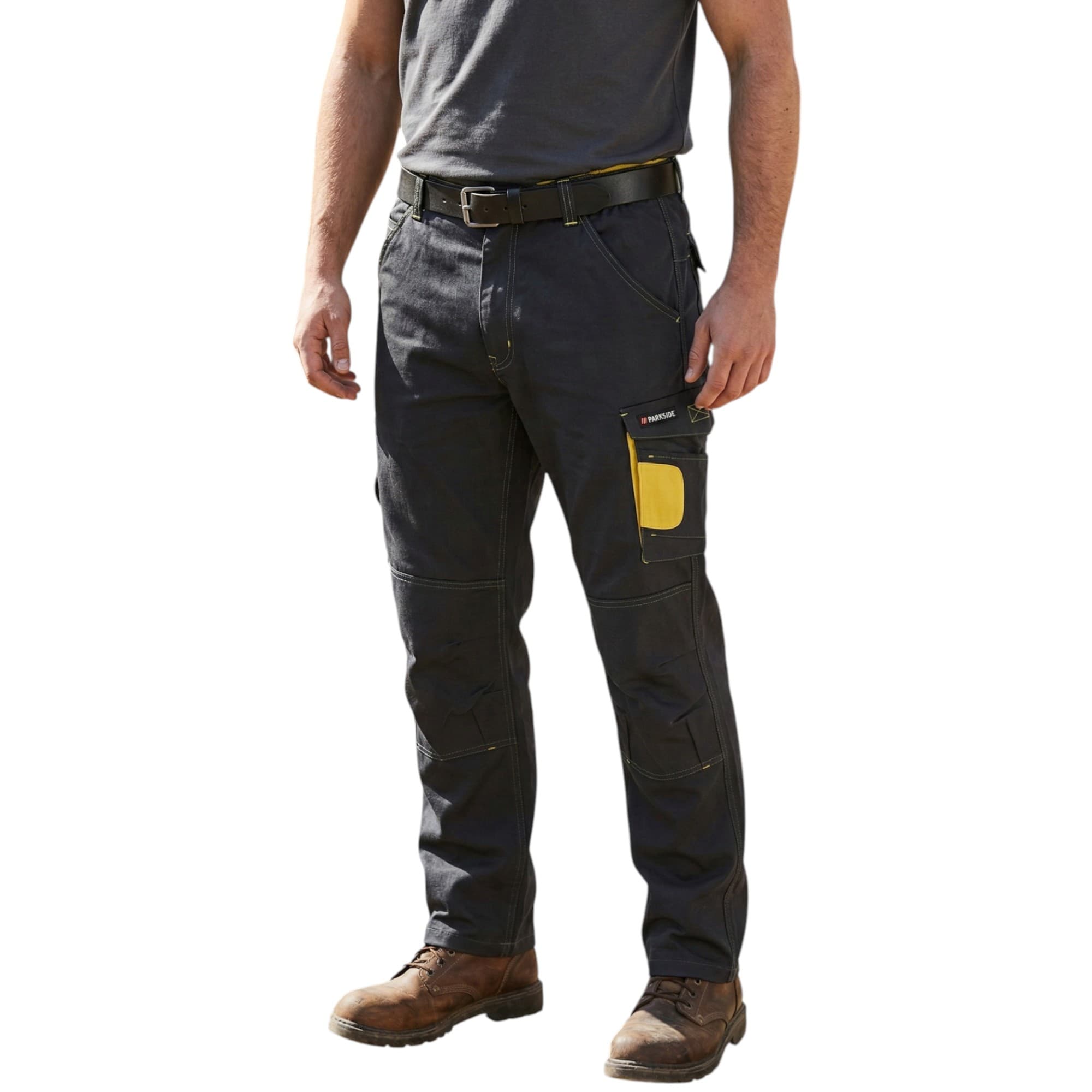 Parkside men's yellow and black cargo work trousers front view