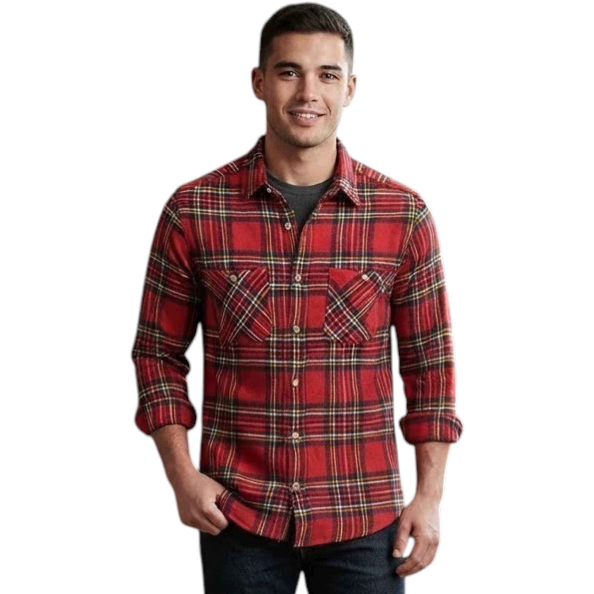 PULL & BEAR men's red cotton check long sleeve shirt front view