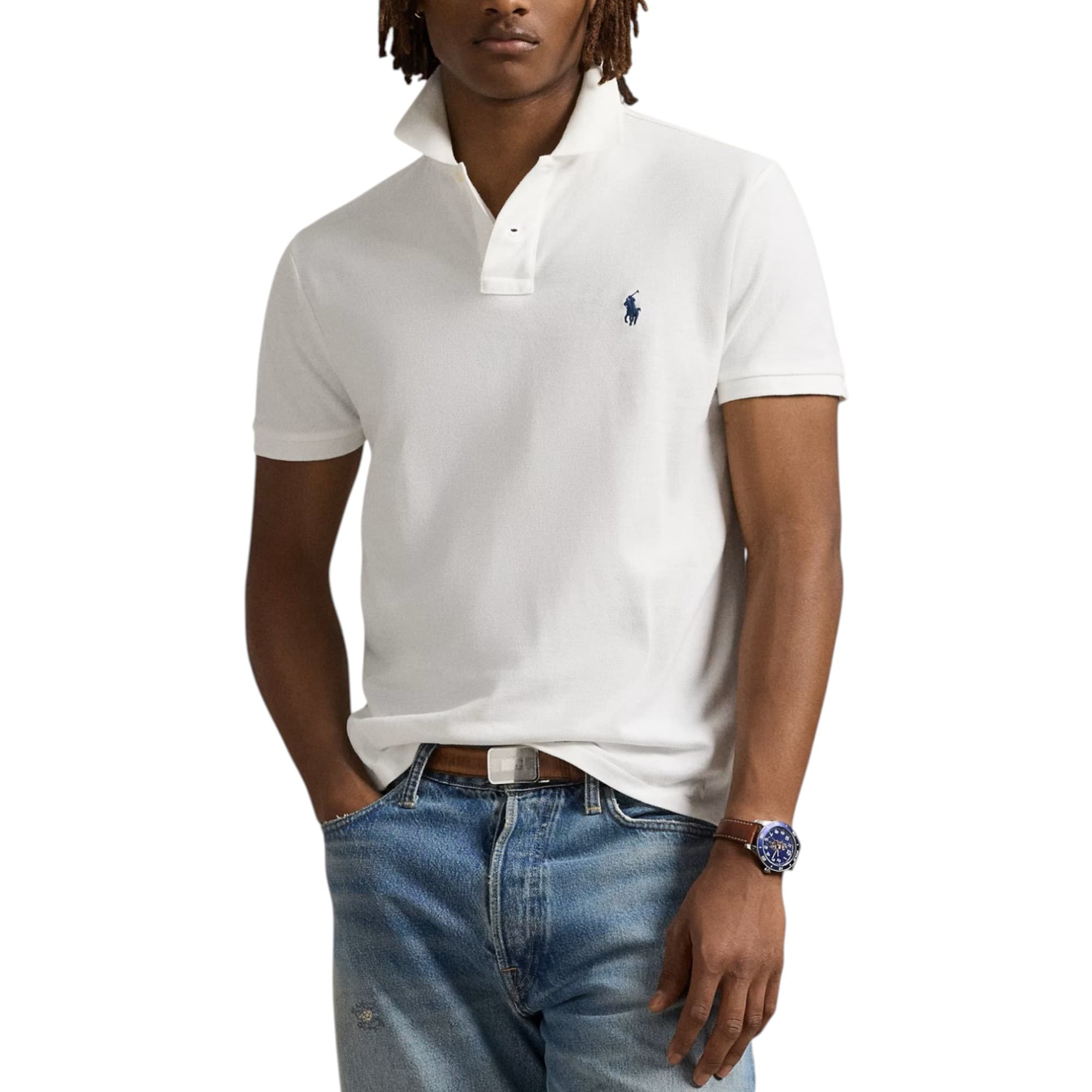 Ralph Lauren men's white custom slim fit cotton polo shirt front view