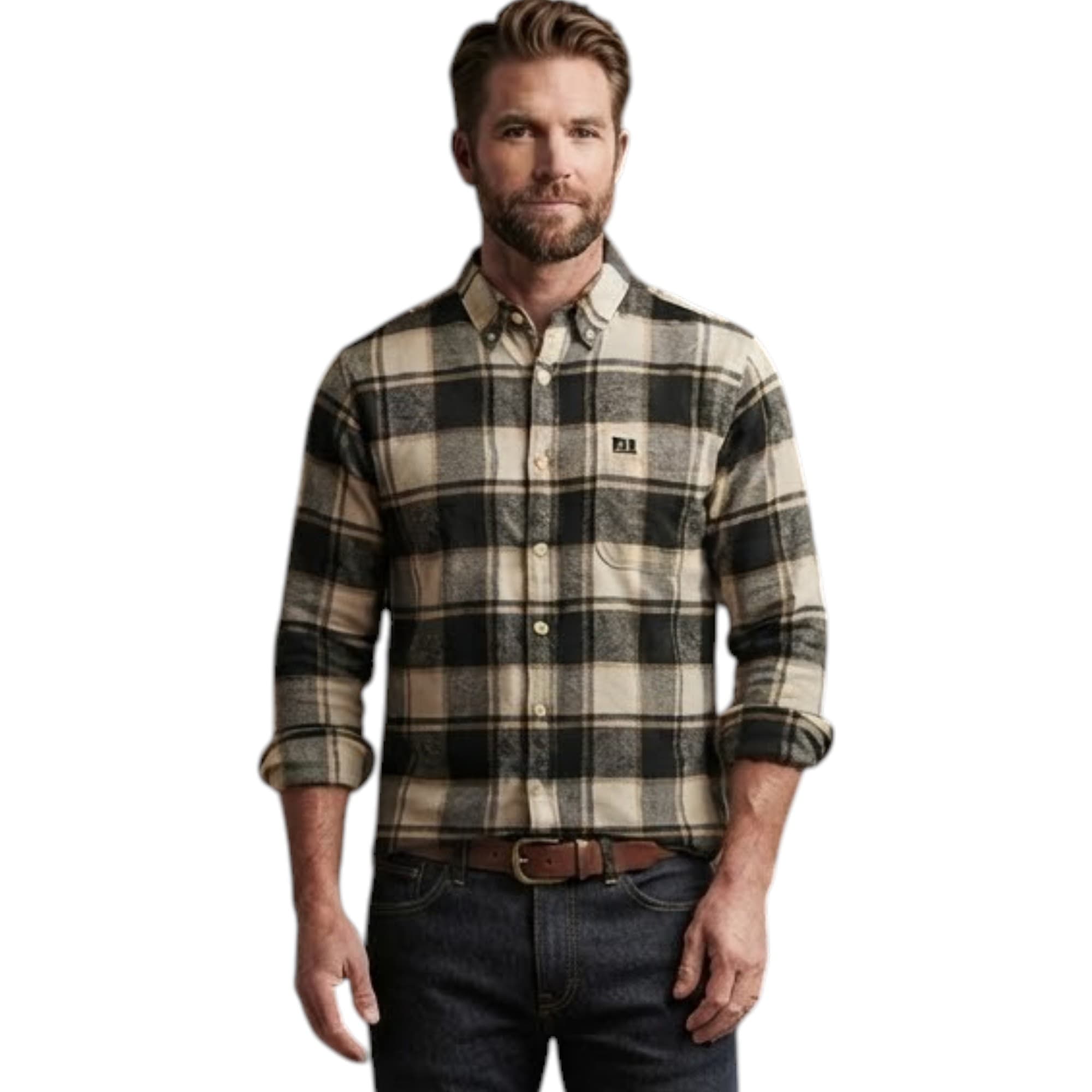 Realtree men's black flannel check shirt front view