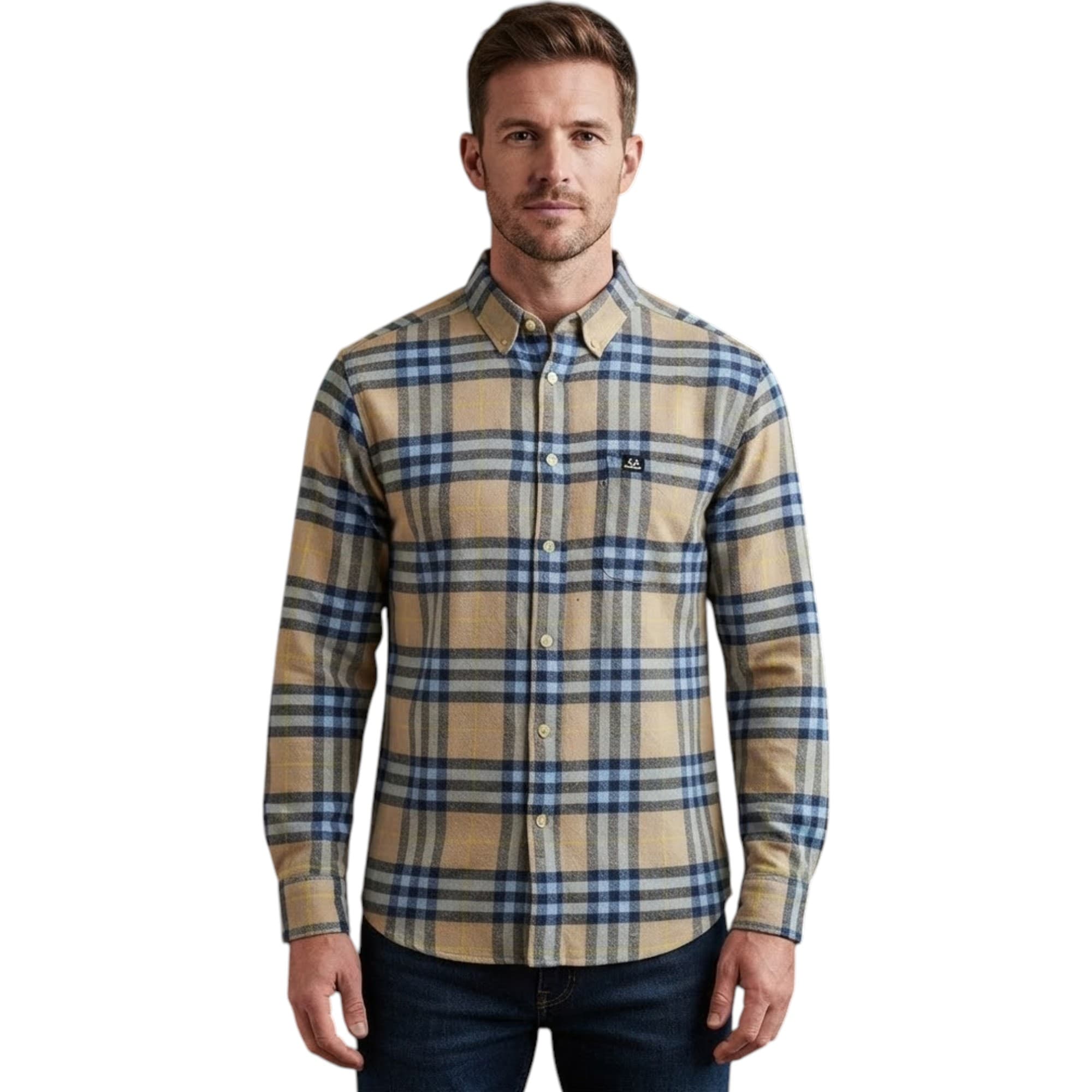 Realtree mens flannel check shirt in beige and sky blue, front view
