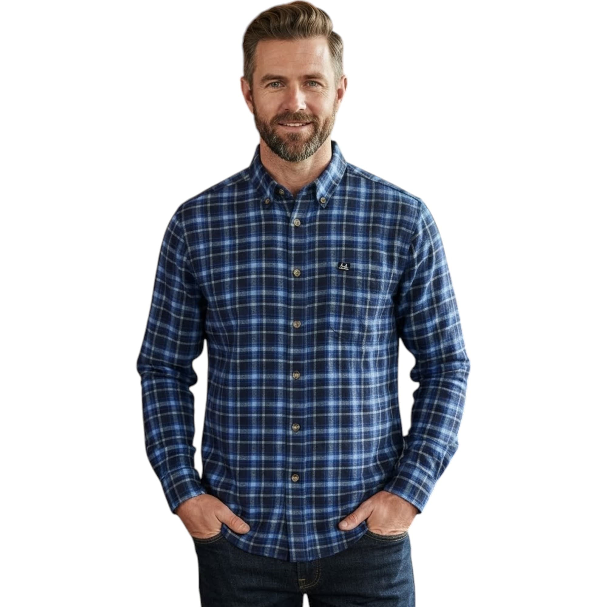Realtree men's blue and navy flannel check shirt front view