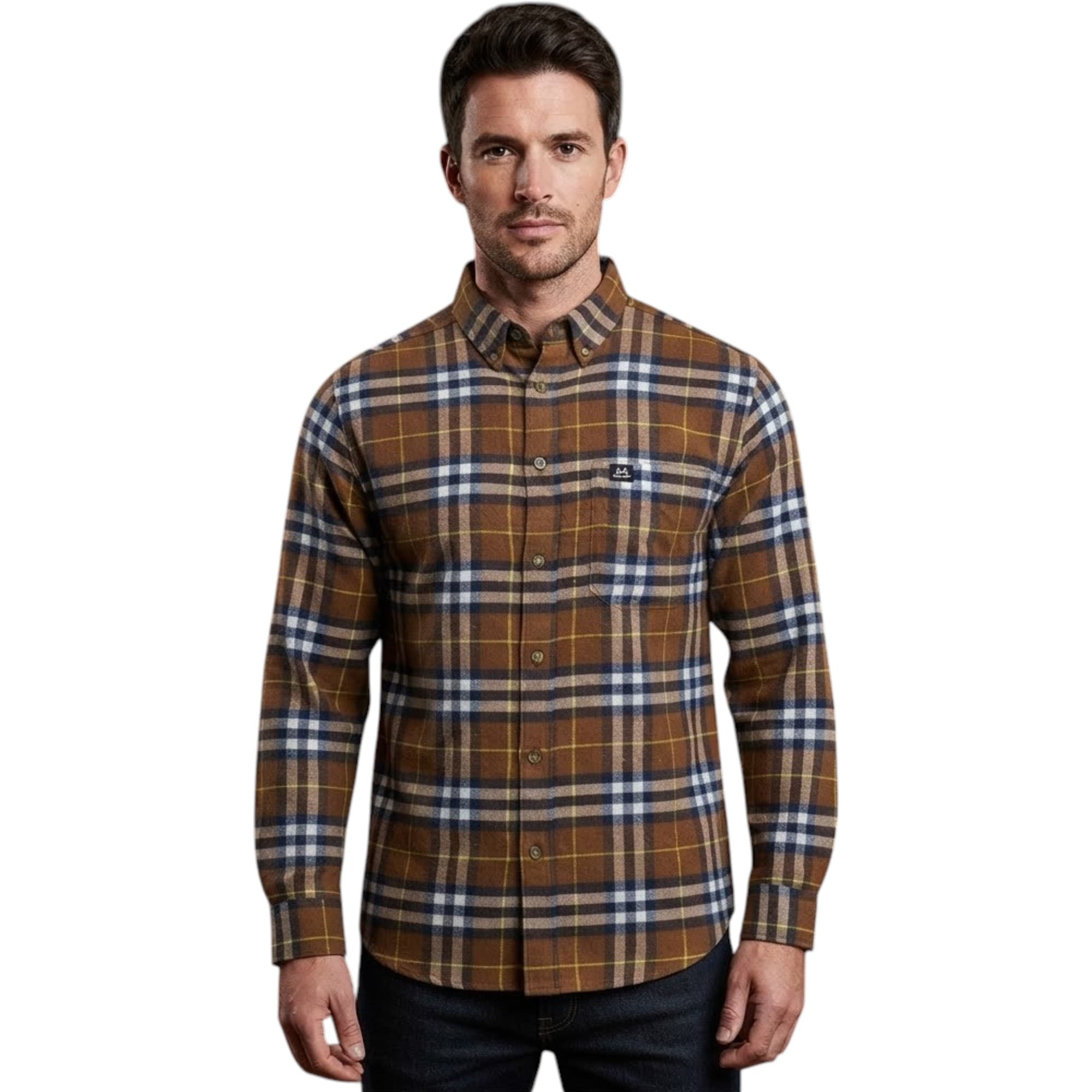 Realtree brown and yellow flannel check shirt front view