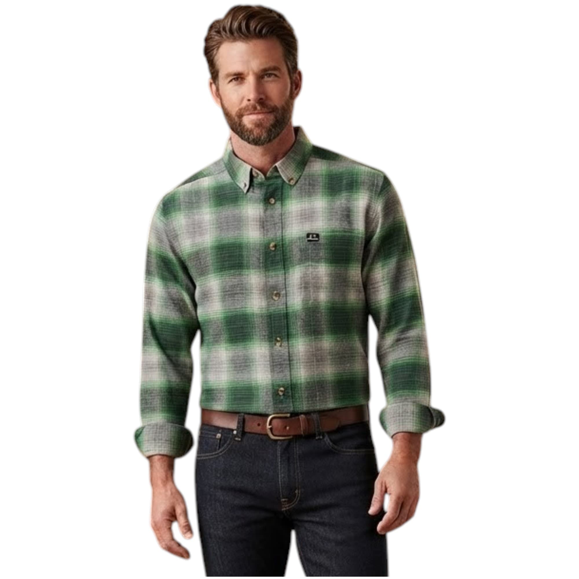Realtree men's green and grey flannel check shirt, front view