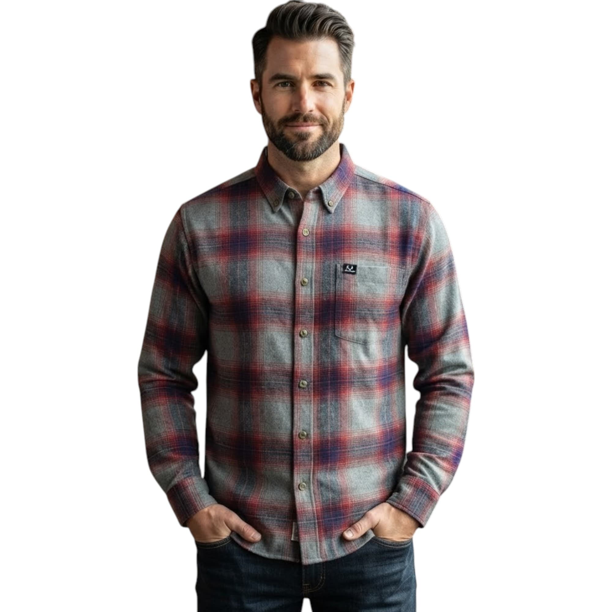 Realtree men's grey and red flannel check shirt, front view