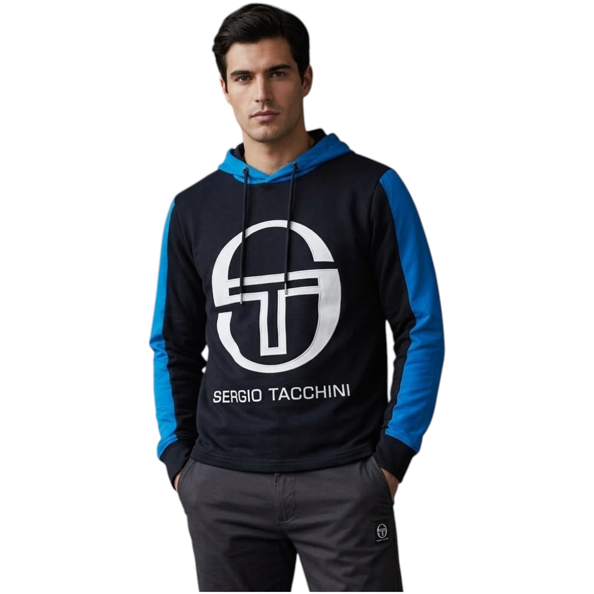 Sergio Tacchini navy blue men's hoodie front view with embroidered chest logo