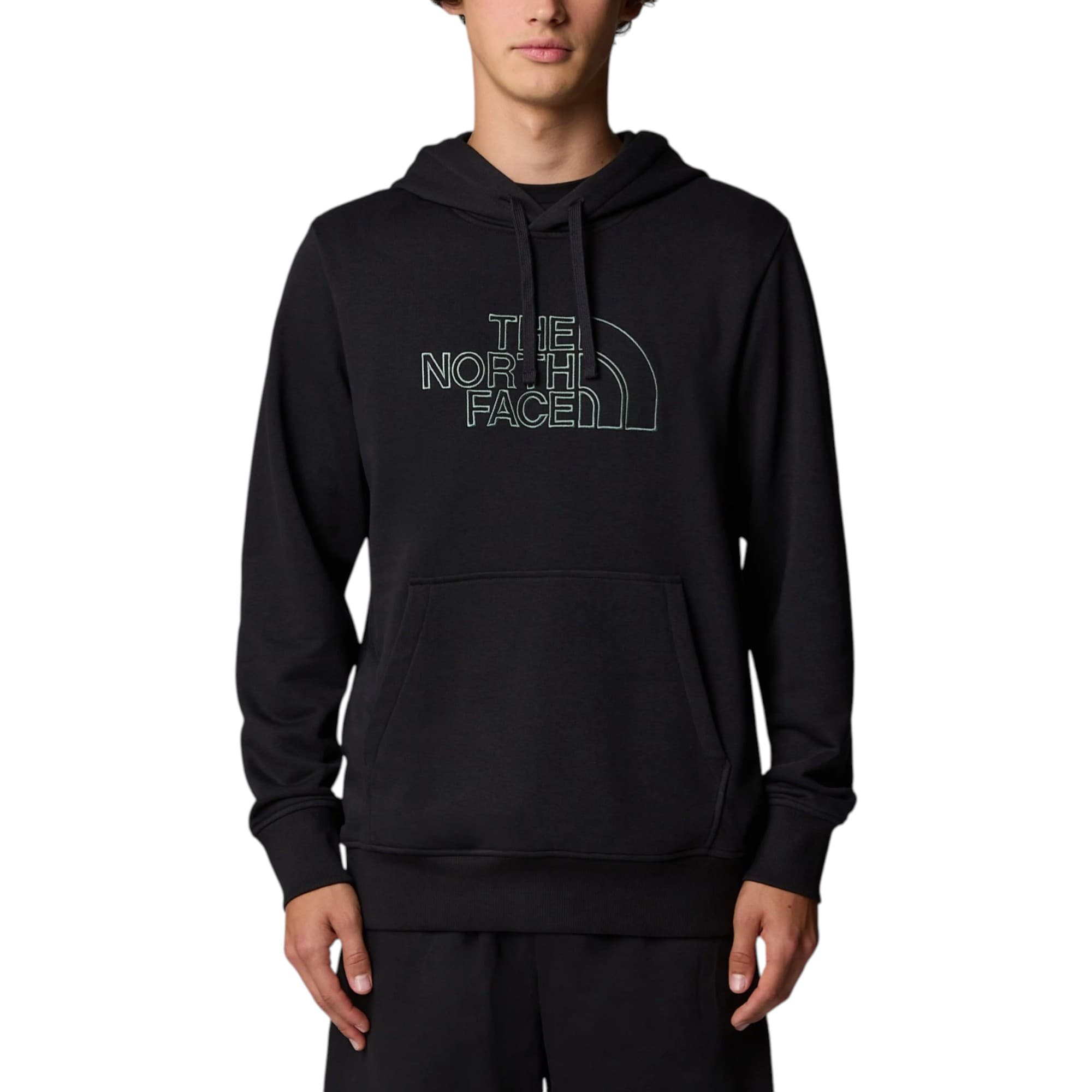 The North Face Men's Drew Peak Light Hoodie in black, front view with embroidered logo